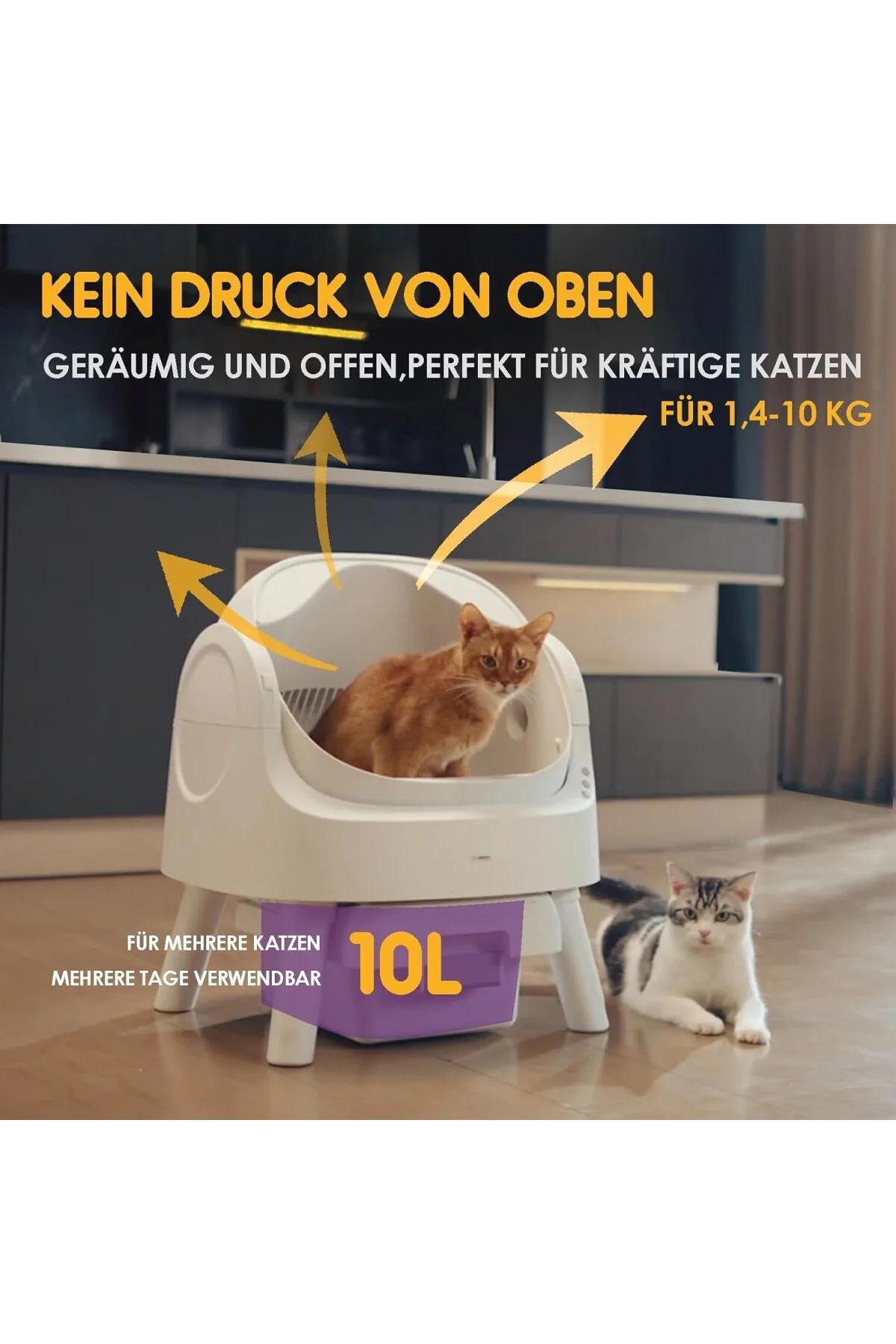 Kendi kendini temizleyen kedi tuvaleti, açık tasarım, otomatik ve