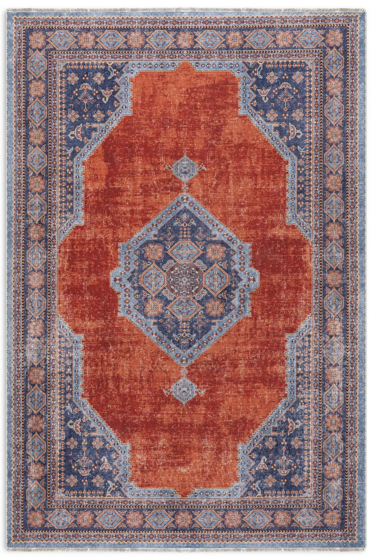 Kendinden saçaklı eskitme mavi turuncu kiremit şönil halı kilim yolluk klasik kaymaz yıkanabilir Kendinden saçaklı eskitme mavi turuncu kiremit şönil halı kilim yolluk klasik kaymaz yıkanabilir