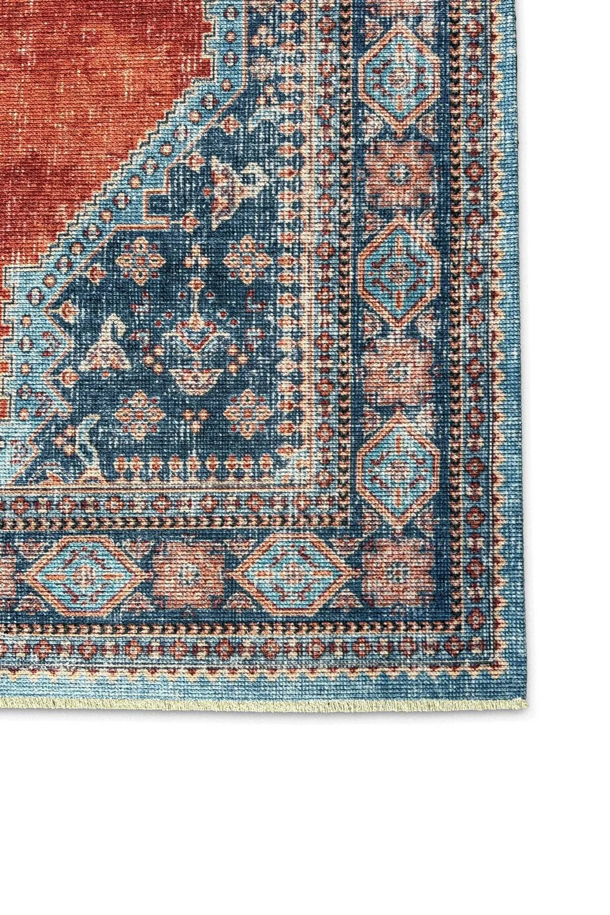 Kendinden saçaklı eskitme mavi turuncu kiremit şönil halı kilim yolluk klasik kaymaz yıkanabilir Kendinden saçaklı eskitme mavi turuncu kiremit şönil halı kilim yolluk klasik kaymaz yıkanabilir