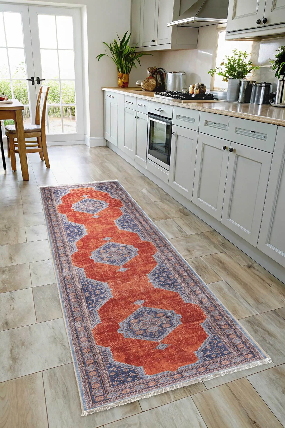 Kendinden saçaklı eskitme mavi turuncu kiremit şönil halı kilim yolluk klasik kaymaz yıkanabilir Kendinden saçaklı eskitme mavi turuncu kiremit şönil halı kilim yolluk klasik kaymaz yıkanabilir