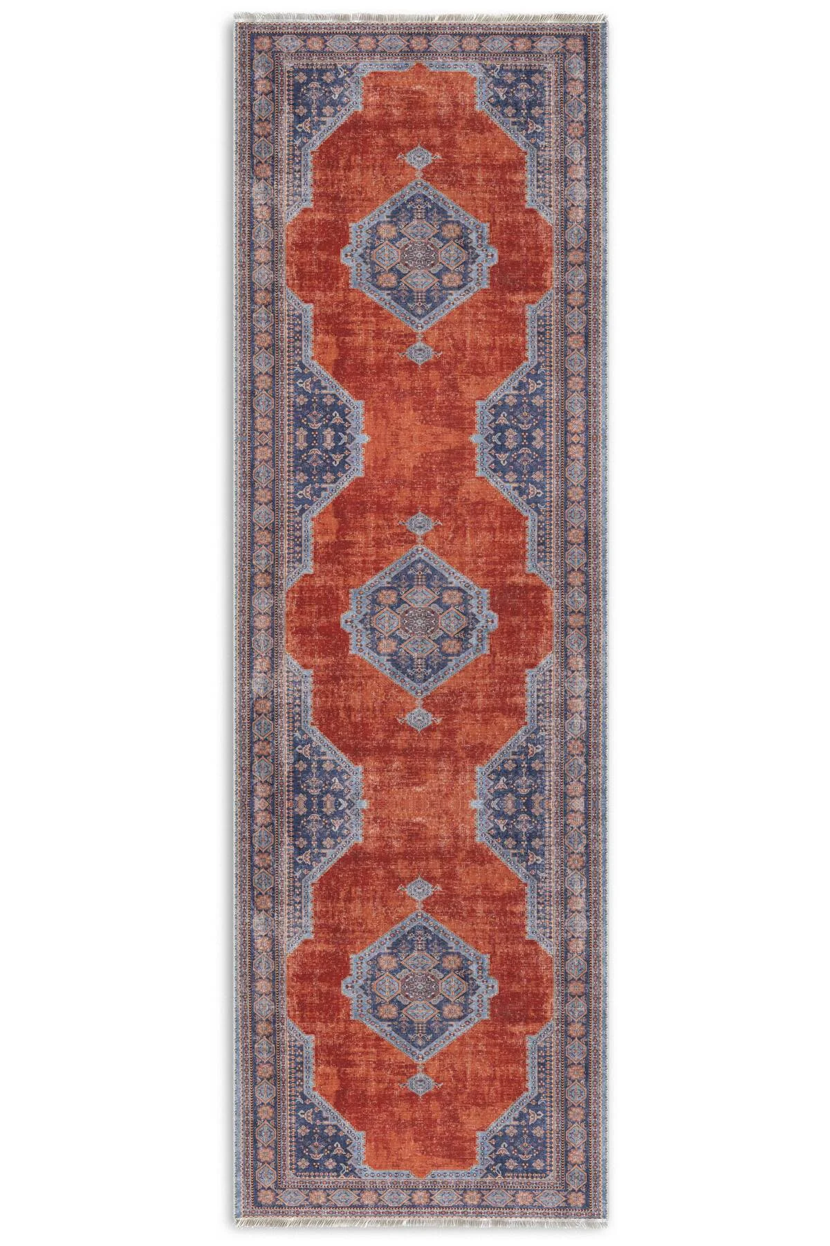 Kendinden saçaklı eskitme mavi turuncu kiremit şönil halı kilim yolluk klasik kaymaz yıkanabilir Kendinden saçaklı eskitme mavi turuncu kiremit şönil halı kilim yolluk klasik kaymaz yıkanabilir