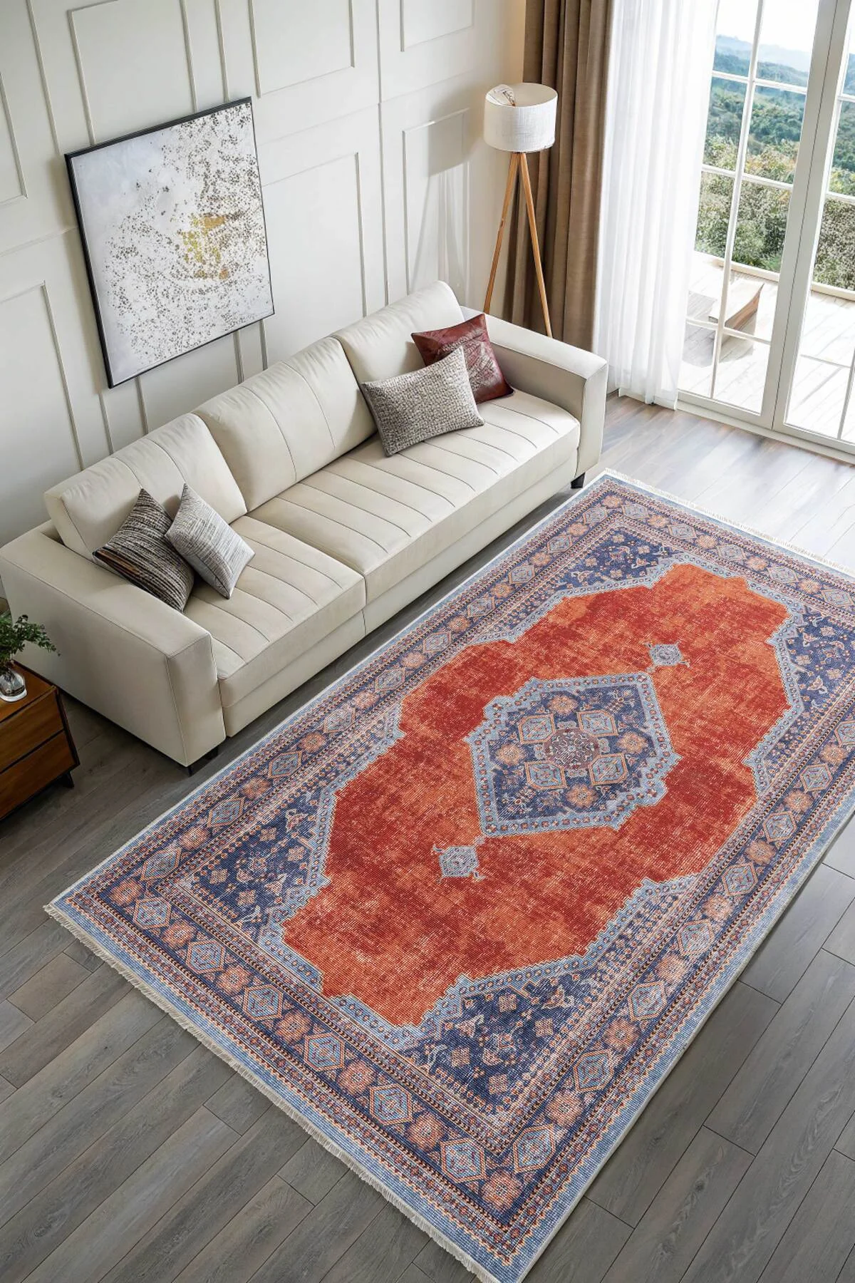 Kendinden saçaklı eskitme mavi turuncu kiremit şönil halı kilim yolluk klasik kaymaz yıkanabilir Kendinden saçaklı eskitme mavi turuncu kiremit şönil halı kilim yolluk klasik kaymaz yıkanabilir