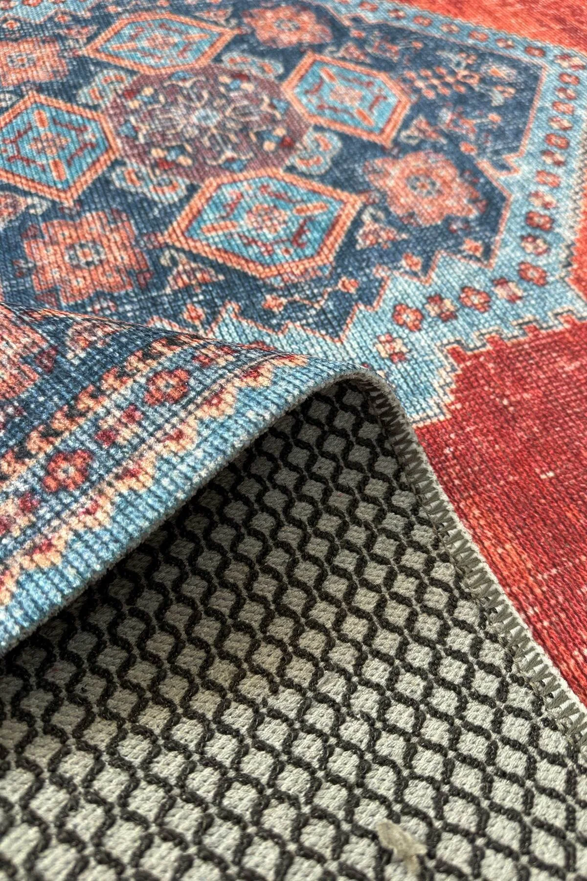 Kendinden saçaklı eskitme mavi turuncu kiremit şönil halı kilim yolluk klasik kaymaz yıkanabilir Kendinden saçaklı eskitme mavi turuncu kiremit şönil halı kilim yolluk klasik kaymaz yıkanabilir