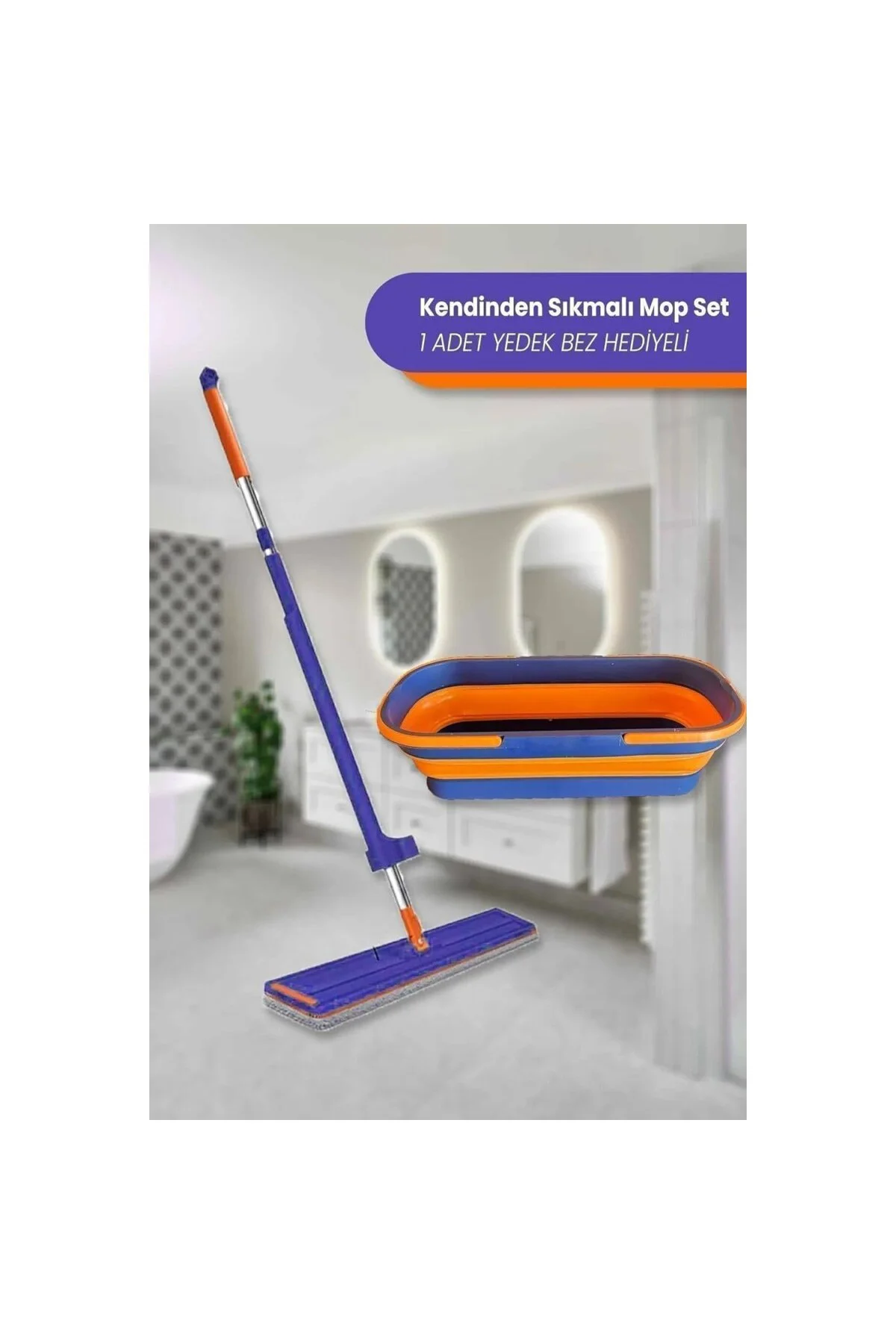 Kendinden Sıkmalı Tekerli Kovalı Mop Seti - Kendinden Sıkmalı Mop Katlanabilir 1 Yedek Bez Kov