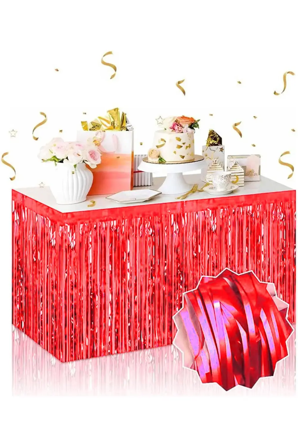 Kendinden Yapışkanlı Kırmızı Metalize Püsküllü Masa Eteği