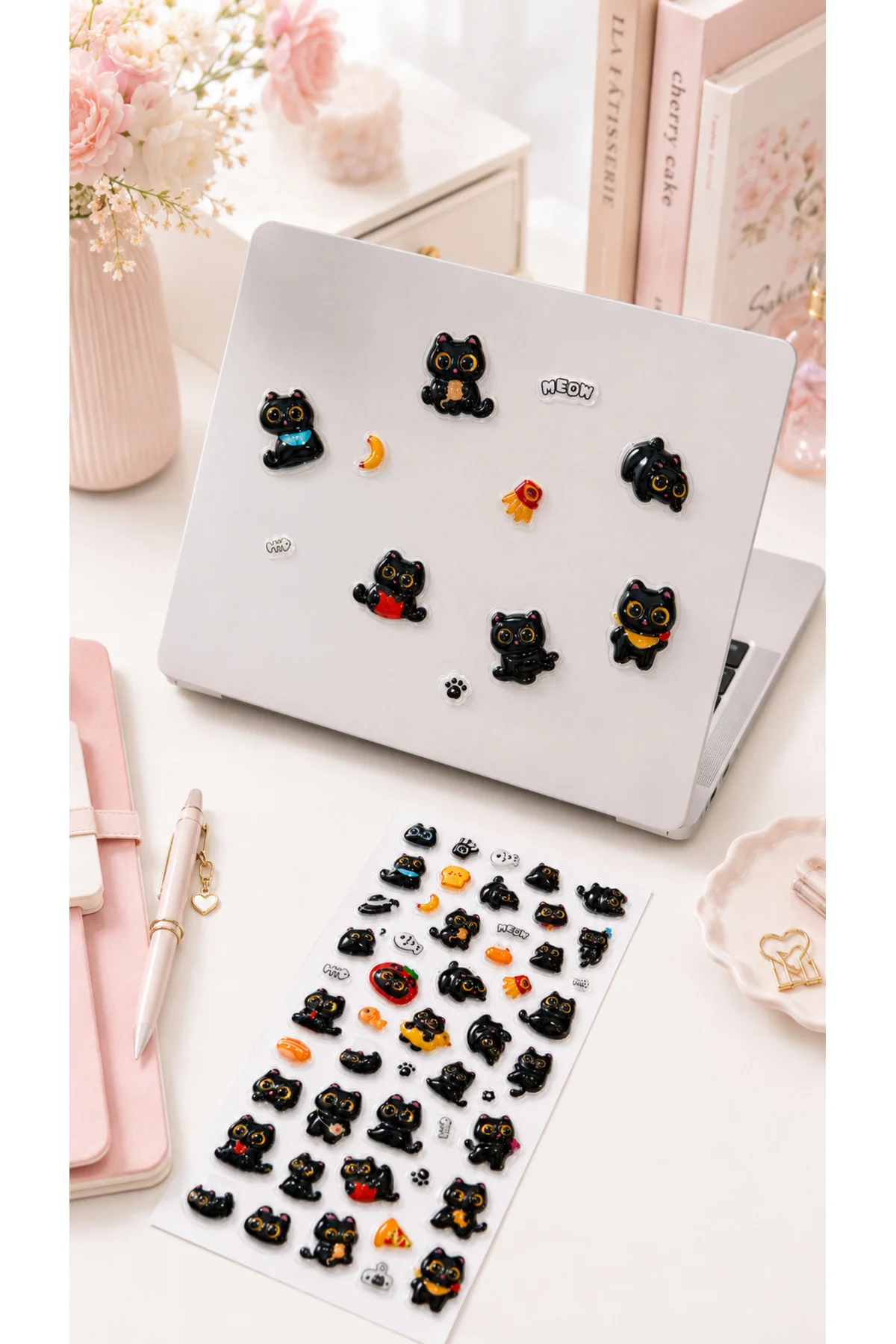 Kendinden Yapışkanlı Kabartmalı Kedili Sticker Seti – Sevimli Siyah Kedi, Pati ve Mama Motifli Dekoratif Çıkartma Süs