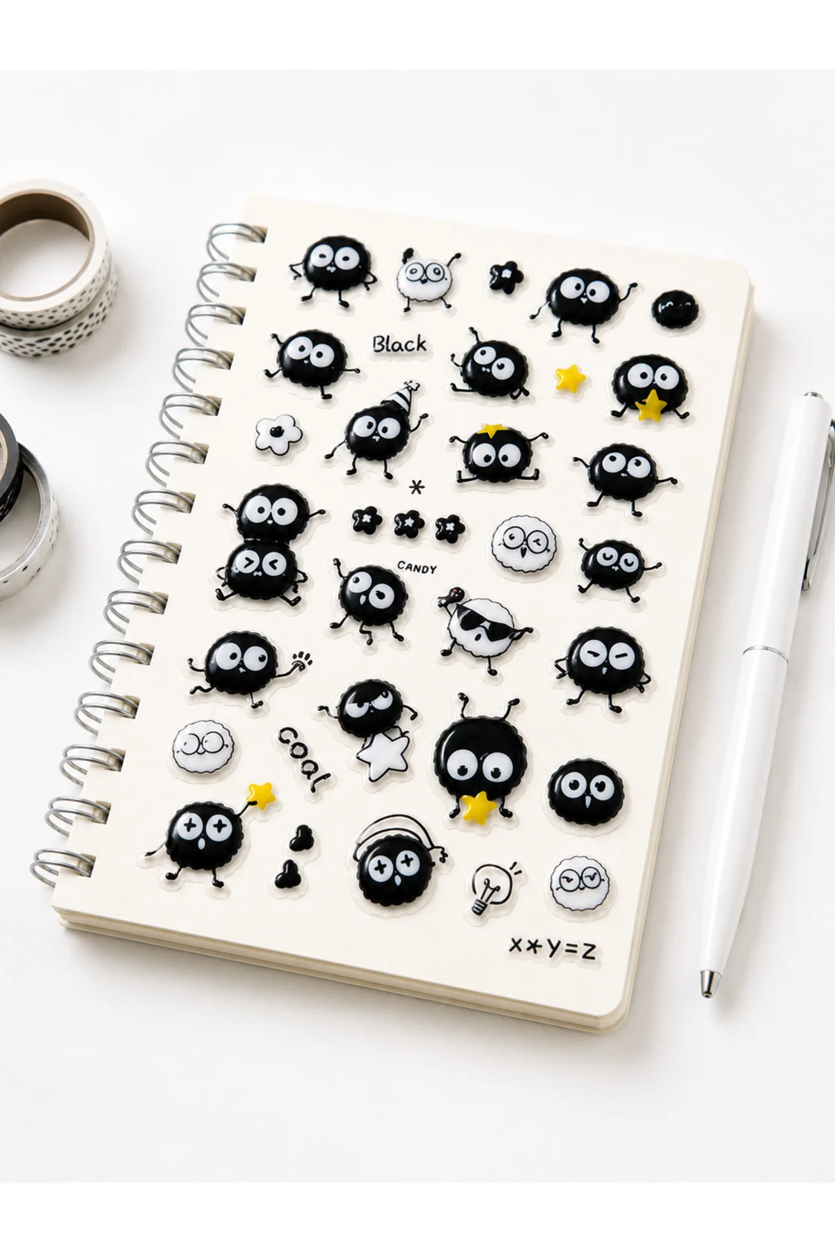 Kendinden Yapışkanlı Kabartmalı Sticker Seti – Sevimli Kömür Emoji Karakterli Dekoratif Çıkartma