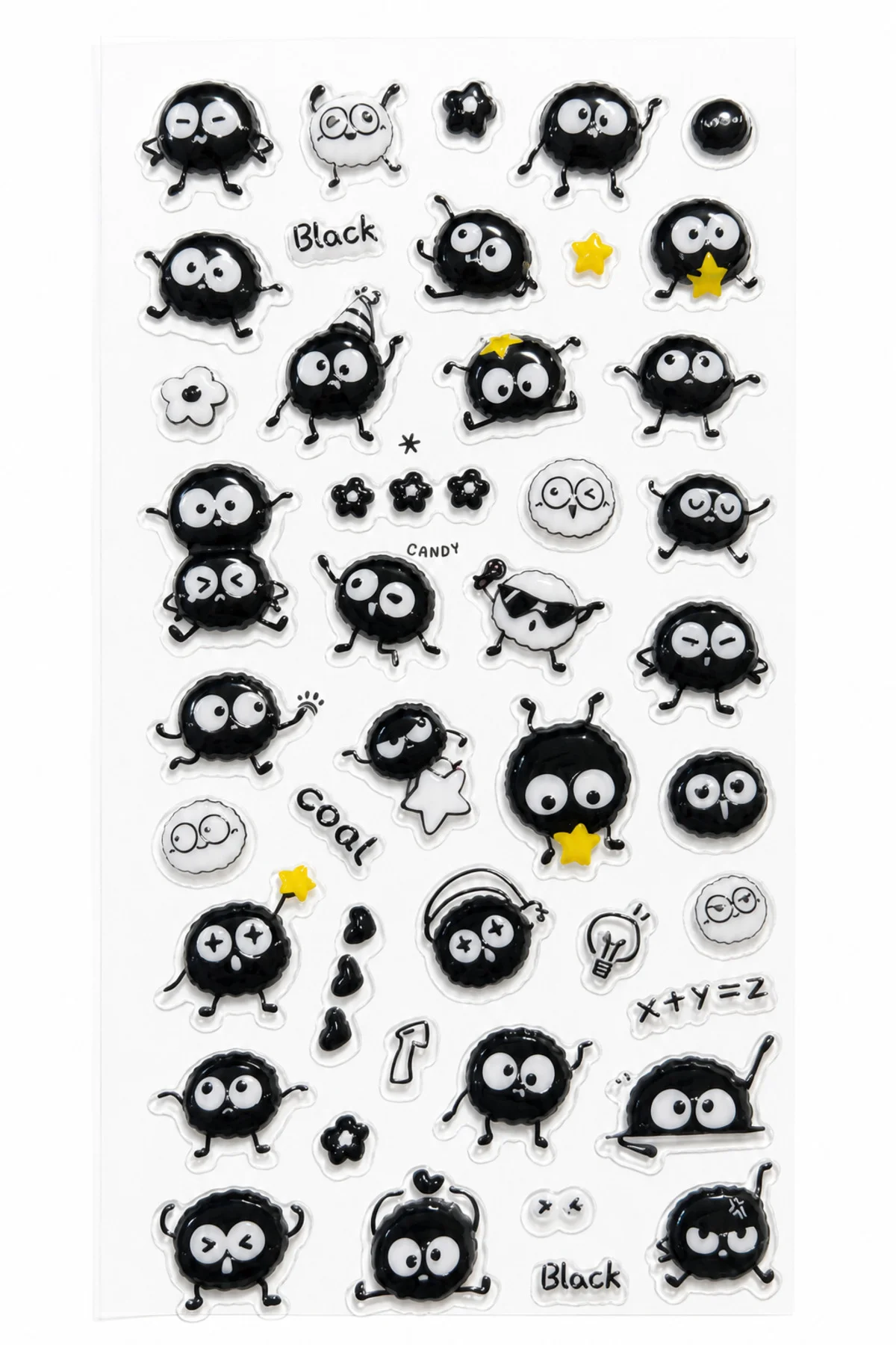 Kendinden Yapışkanlı Kabartmalı Sticker Seti – Sevimli Kömür Emoji Karakterli Dekoratif Çıkartma