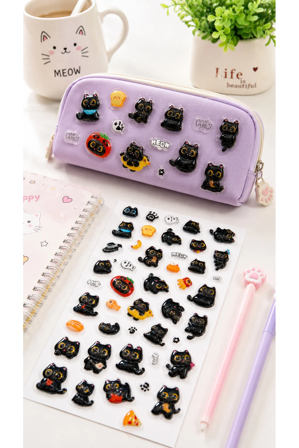 Kendinden Yapışkanlı Kabartmalı Kedili Sticker Seti – Sevimli Siyah Kedi, Pati ve Mama Motifli Dekoratif Çıkartma Süs