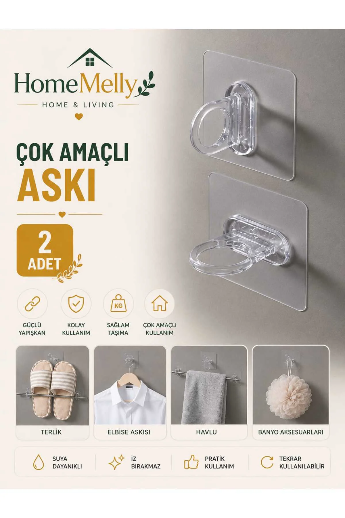 Kendinden Yapışkanlı Askılık Kanca 2’li – Çok Fonksiyonlu Pratik Asma Aparatı