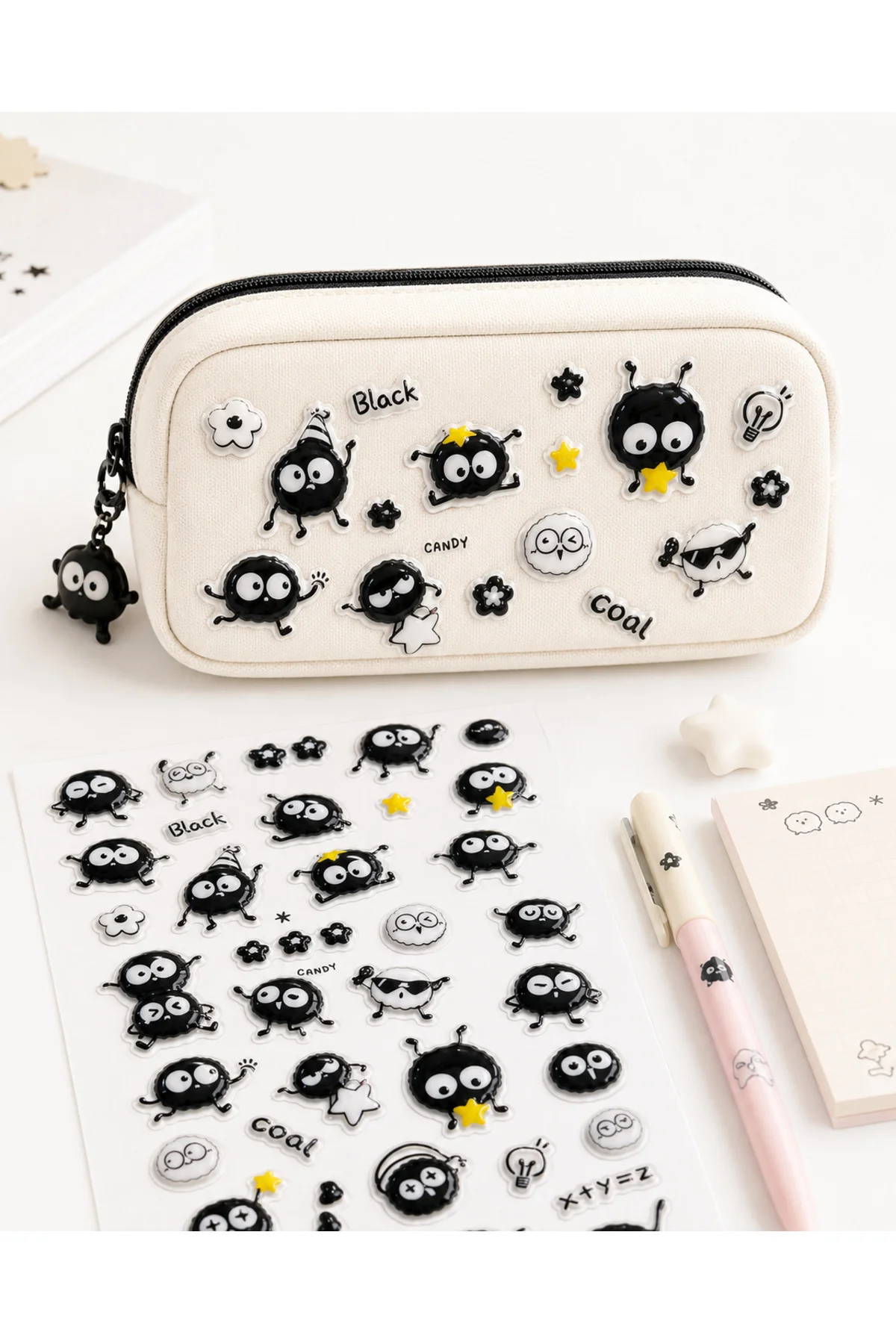 Kendinden Yapışkanlı Kabartmalı Sticker Seti – Sevimli Kömür Emoji Karakterli Dekoratif Çıkartma
