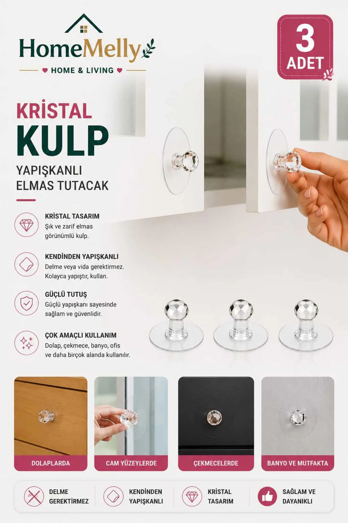 Kendinden Yapışkanlı Çekmece & Dolap Düğmesi – Çok Amaçlı Dolap Kapı Tutucu, 3’lü Set