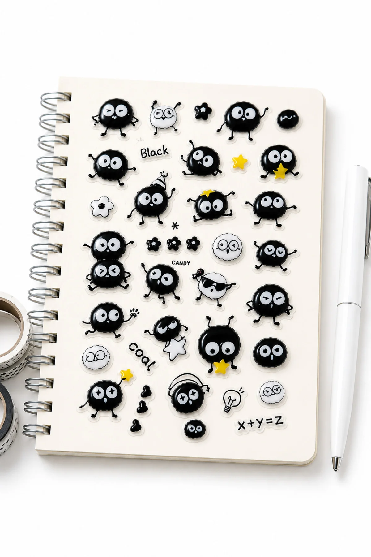 Kendinden Yapışkanlı Kabartmalı Sticker Seti – Sevimli Kömür Emoji Karakterli Dekoratif Çıkartma