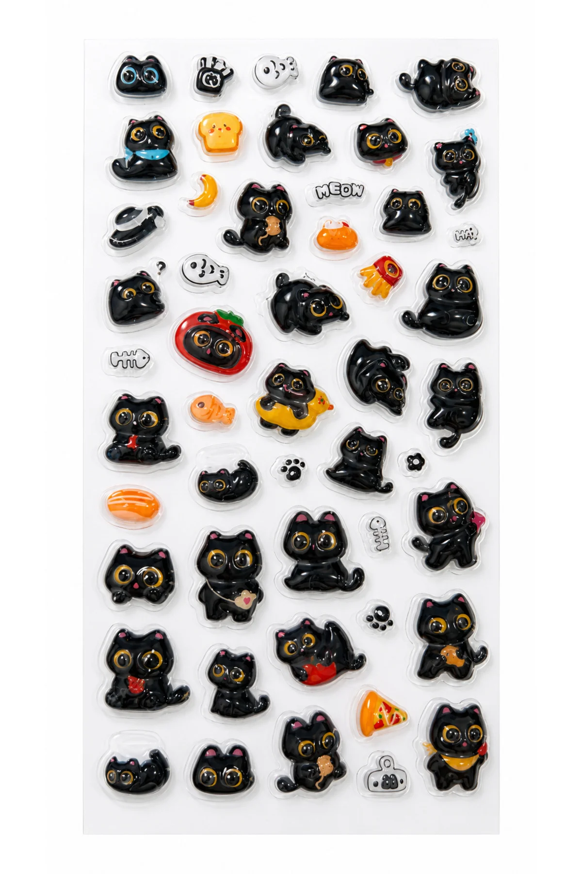 Kendinden Yapışkanlı Kabartmalı Kedili Sticker Seti – Sevimli Siyah Kedi, Pati ve Mama Motifli Dekoratif Çıkartma Süs