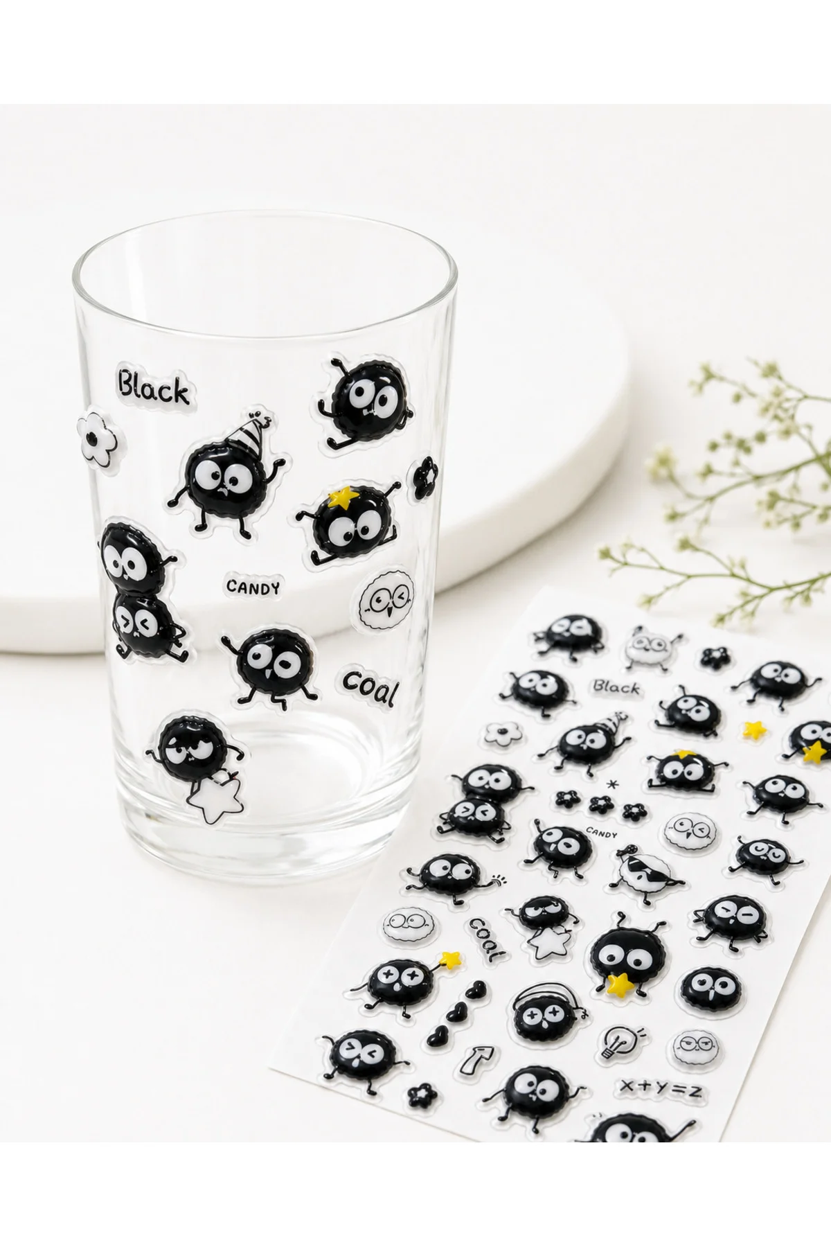 Kendinden Yapışkanlı Kabartmalı Sticker Seti – Sevimli Kömür Emoji Karakterli Dekoratif Çıkartma