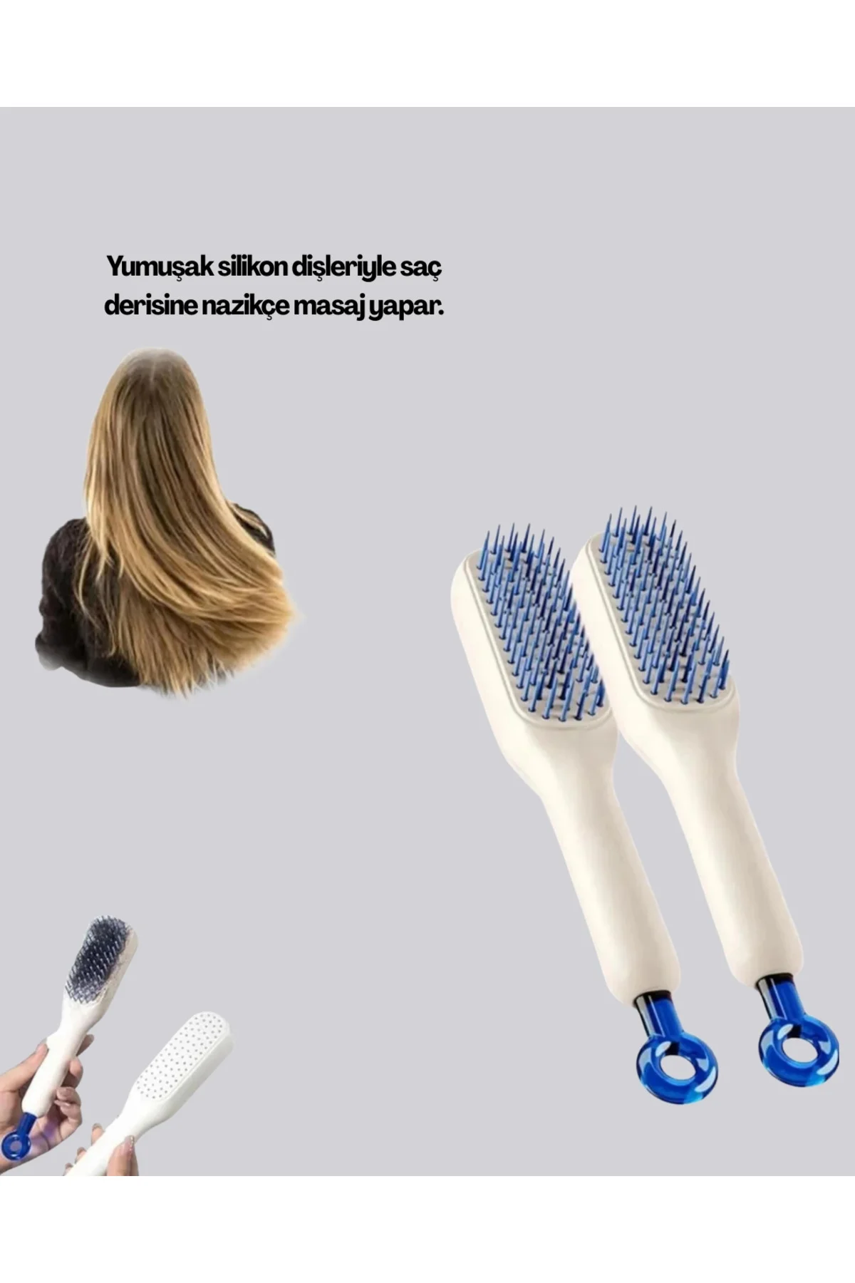 Kendini Temizleyen Ergonomik Saç Tarağı – Abs Gövde, Silikon Diş