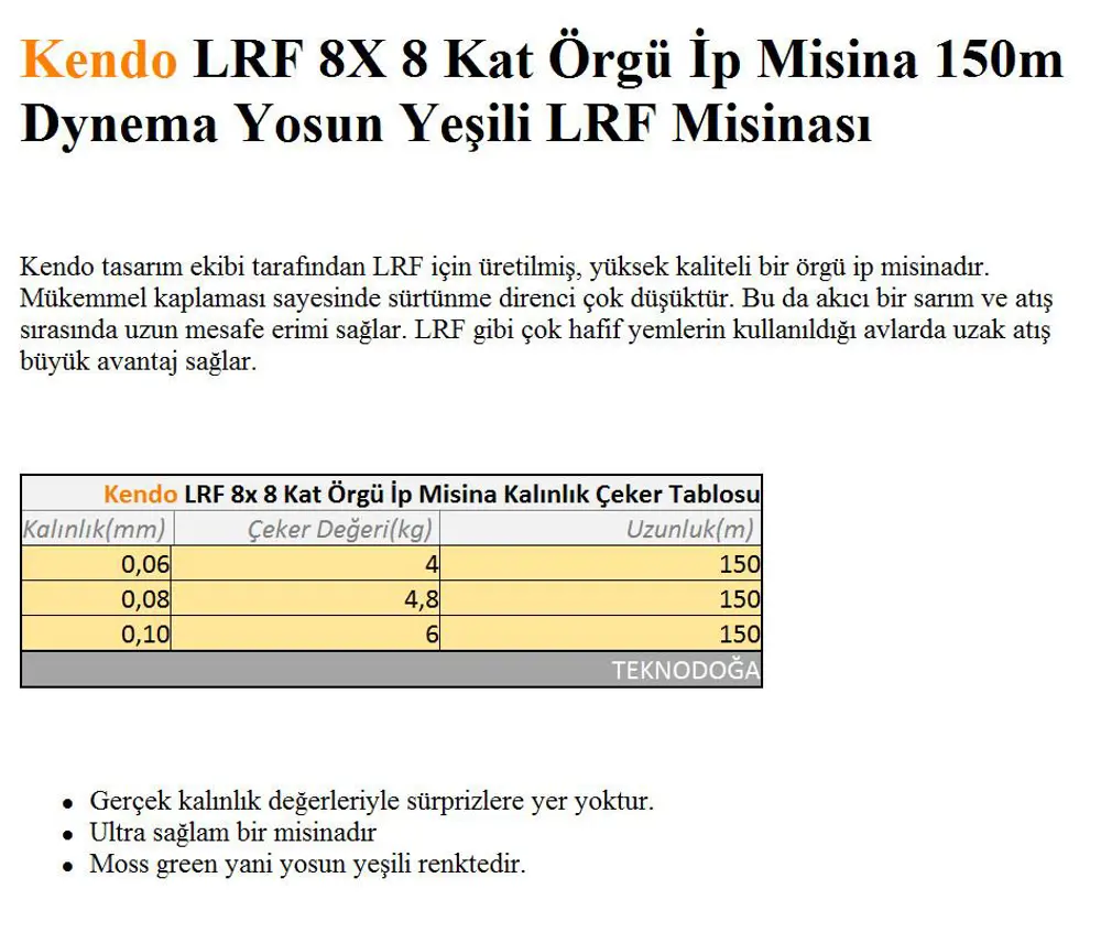 Kendo 150m LRF 8X 8 Kat Örgü İp Misina Dynema Yeşil