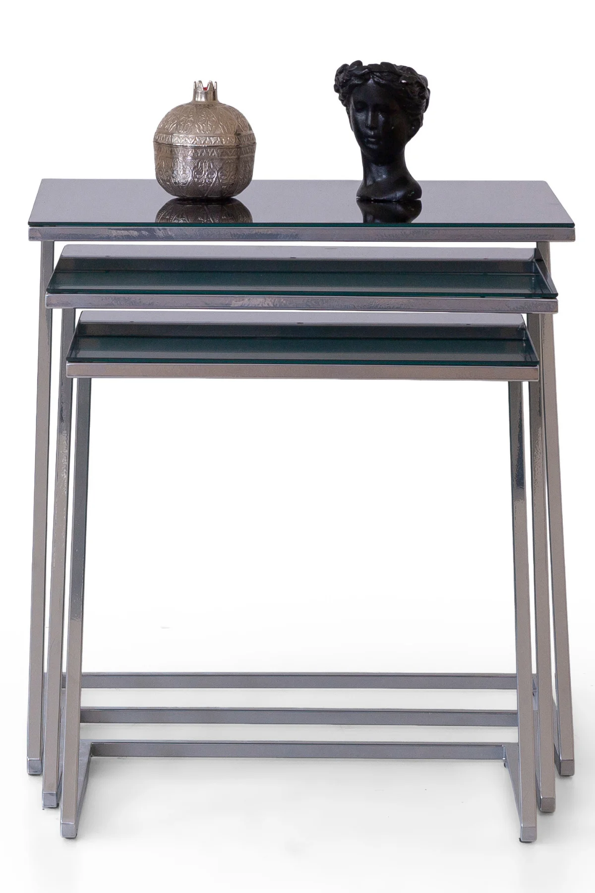 Keops Ceviz Zigon Sehpa Seti - 3’lü Modern Zigon Sehpa Siyah Meta