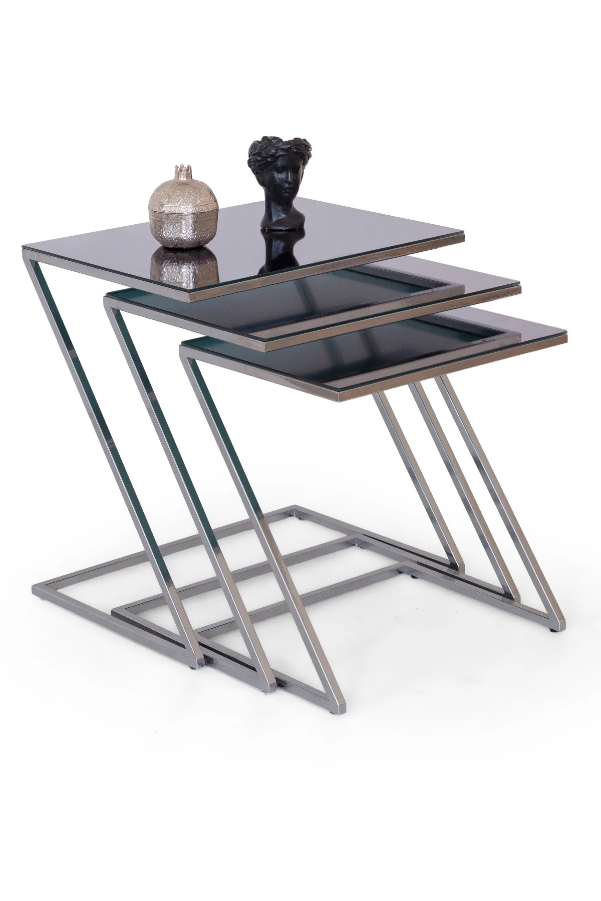 Keops Ceviz Zigon Sehpa Seti - 3’lü Modern Zigon Sehpa Siyah Meta