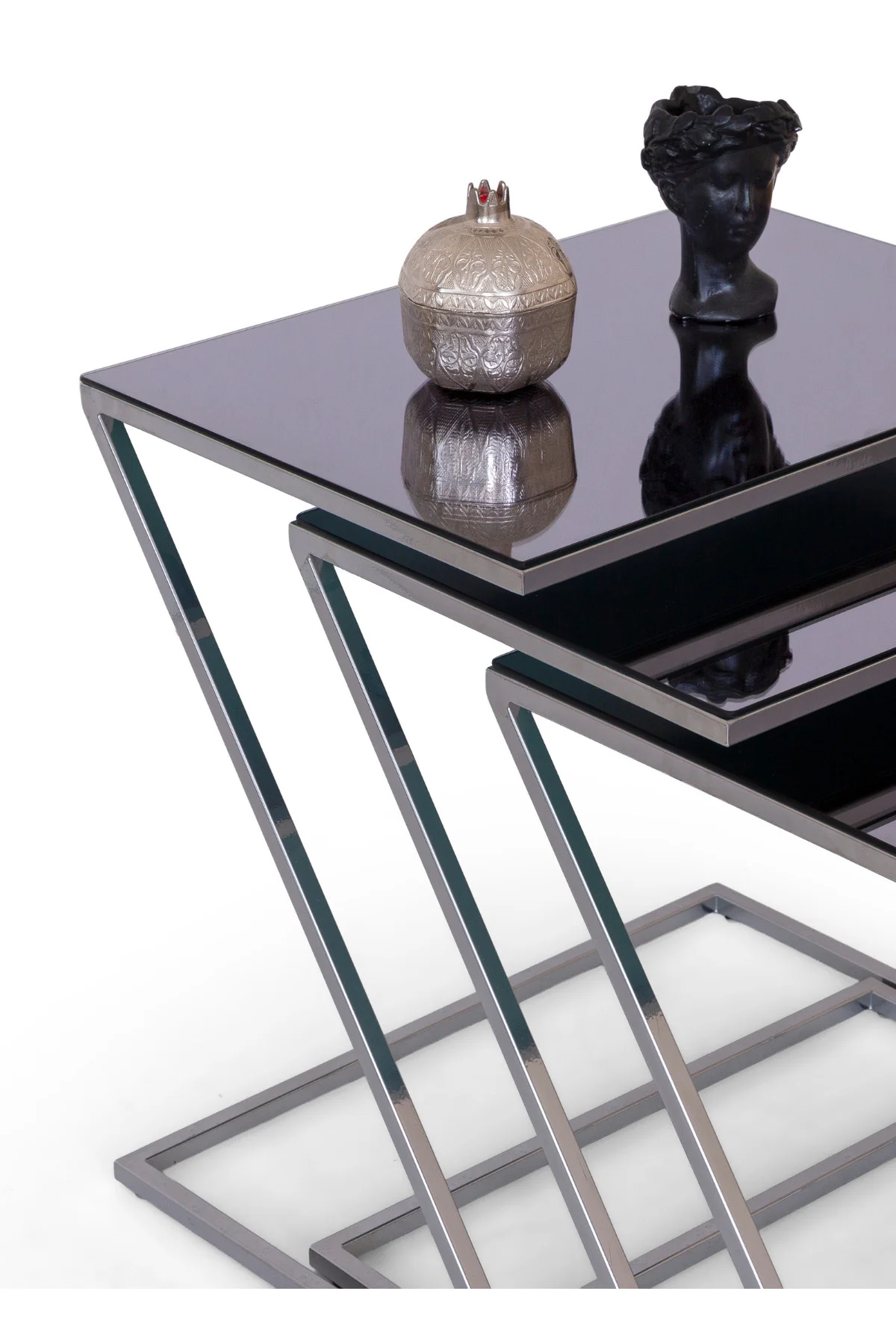 Keops Ceviz Zigon Sehpa Seti - 3’lü Modern Zigon Sehpa Siyah Meta