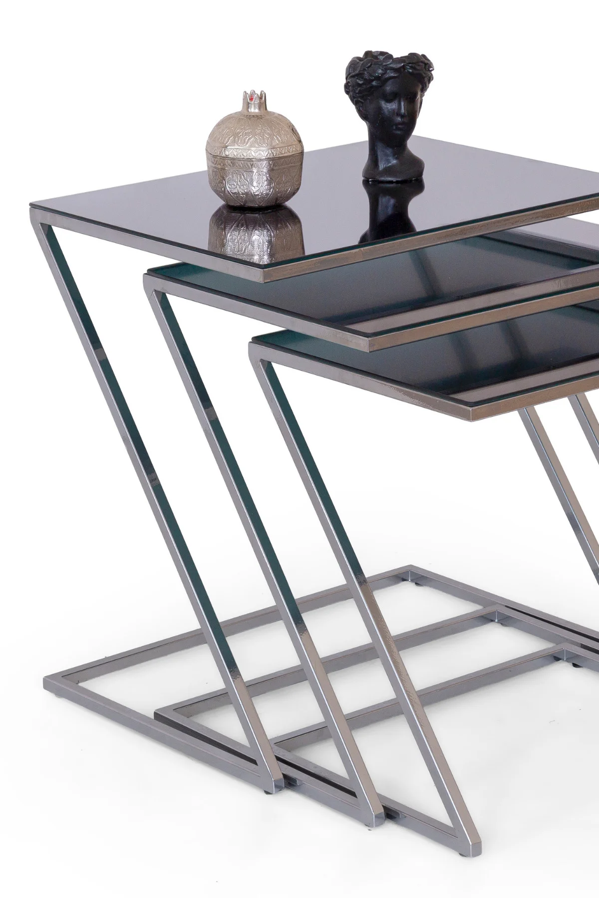 Keops Ceviz Zigon Sehpa Seti - 3’lü Modern Zigon Sehpa Siyah Meta