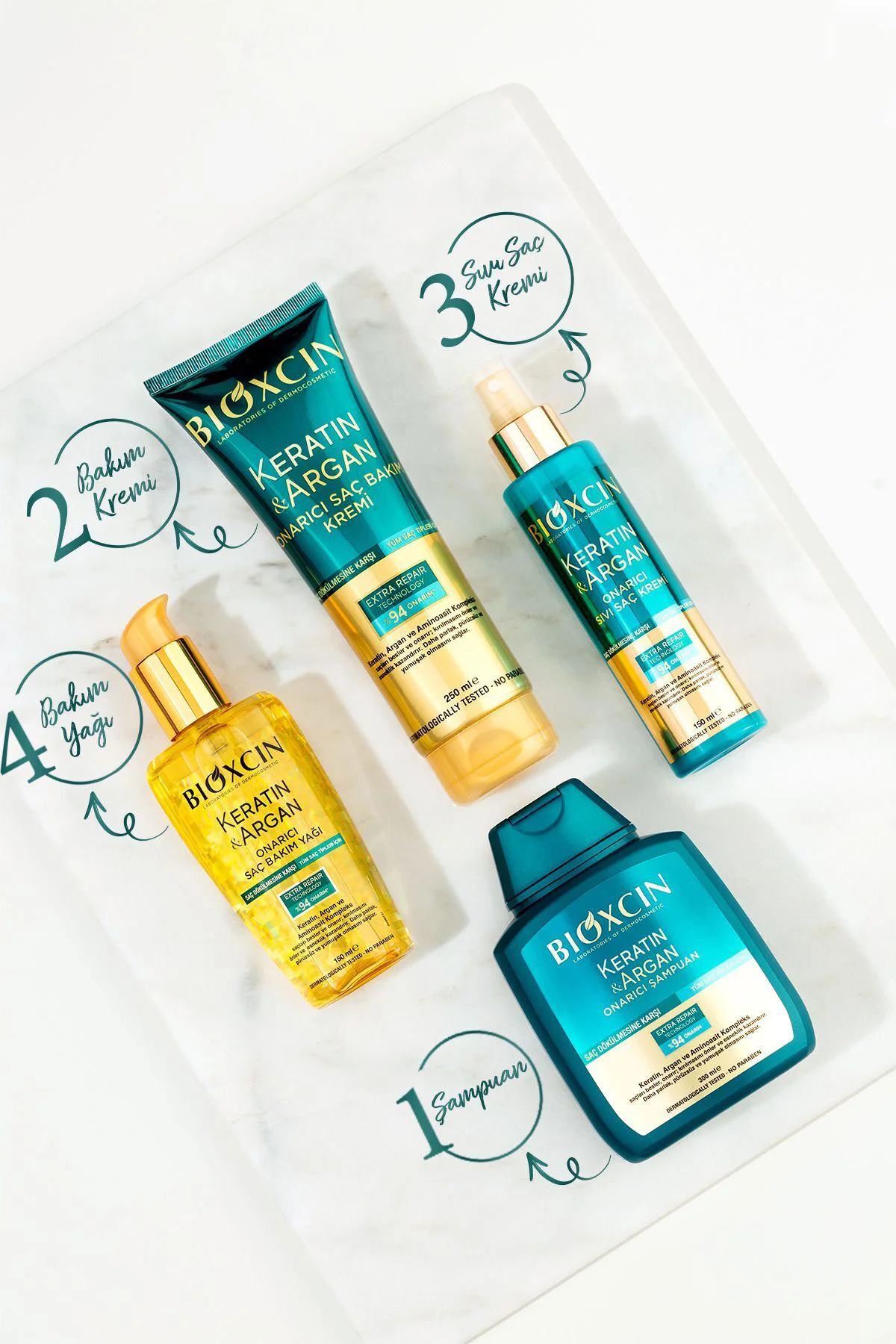 Keratin & Argan Onarıcı Saç Bakım Kremi 250 ml - Yıpranmış ve Hassas Saçlar 3'lü