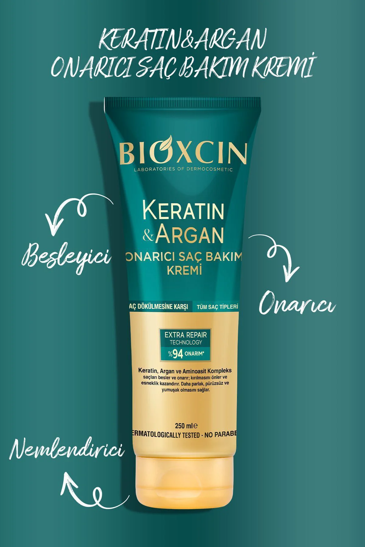 Keratin & Argan Onarıcı Saç Bakım Kremi 250 ml - Yıpranmış ve Hassas Saçlar 3'lü