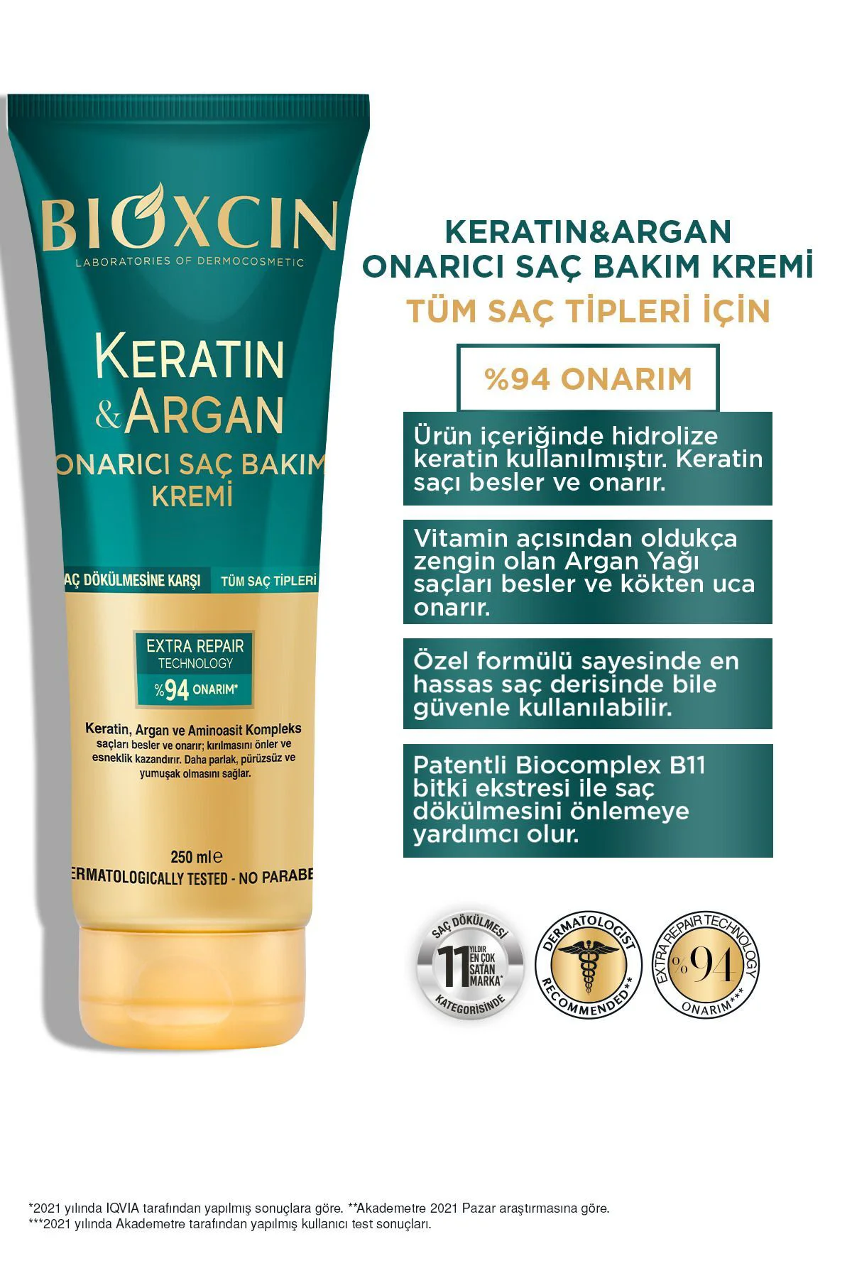 Keratin & Argan Onarıcı Saç Bakım Kremi 250 ml - Yıpranmış ve Hassas Saçlar 3'lü