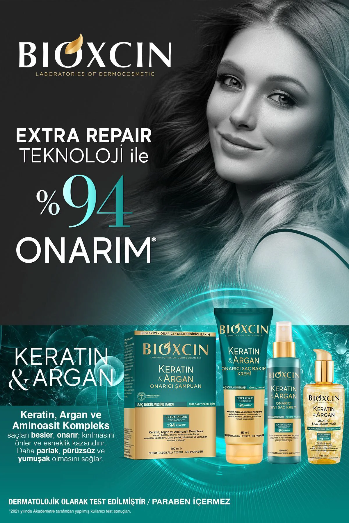 Keratin & Argan Onarıcı Saç Bakım Kremi 250 ml - Yıpranmış ve Hassas Saçlar 3'lü