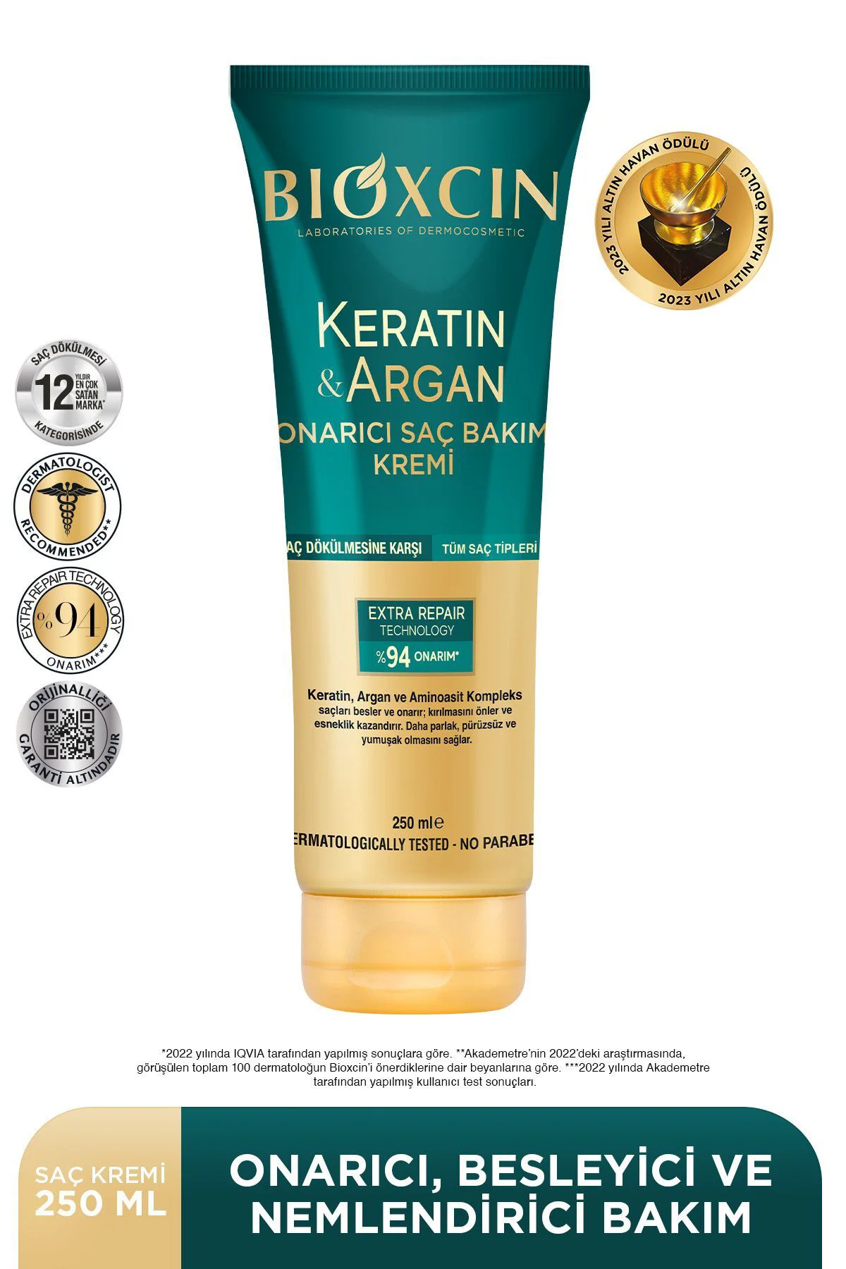 Keratin & Argan Onarıcı Saç Bakım Kremi 250 ml - Yıpranmış ve Hassas Saçlar 3'lü