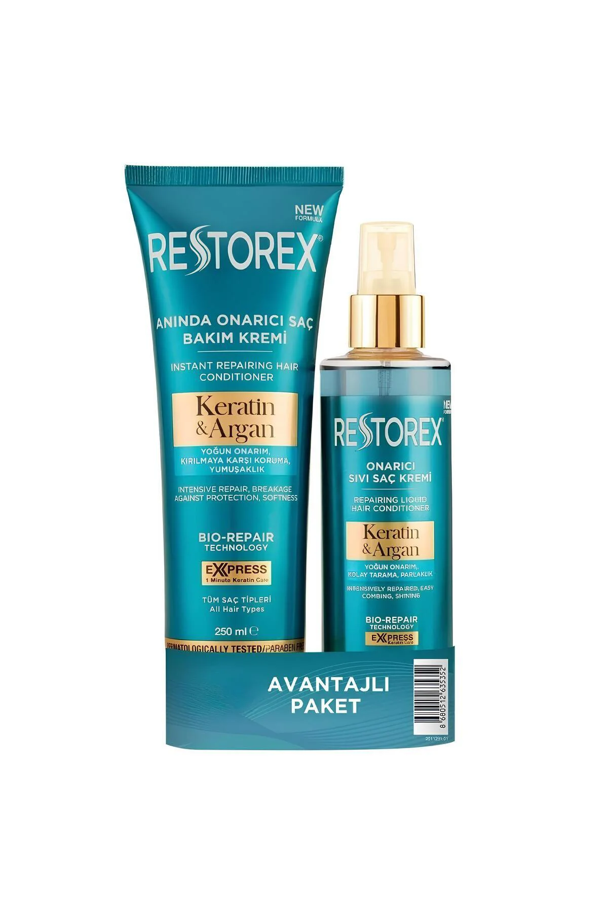 Keratin & Argan Onarıcı Saç Bakım Kremi 250 ml + Sıvı Saç Bakım Kremi 200 ml