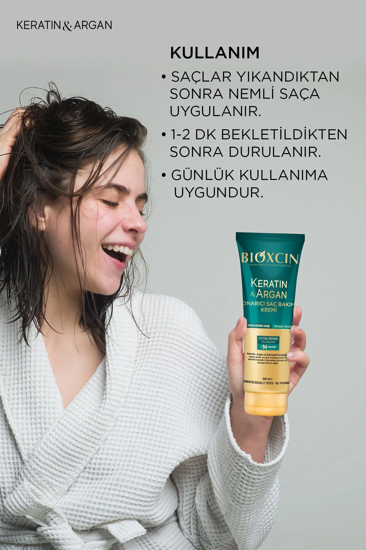 Keratin & Argan Onarıcı Saç Bakım Kremi 250 ml - Yıpranmış ve Hassas Saçlar 3'lü