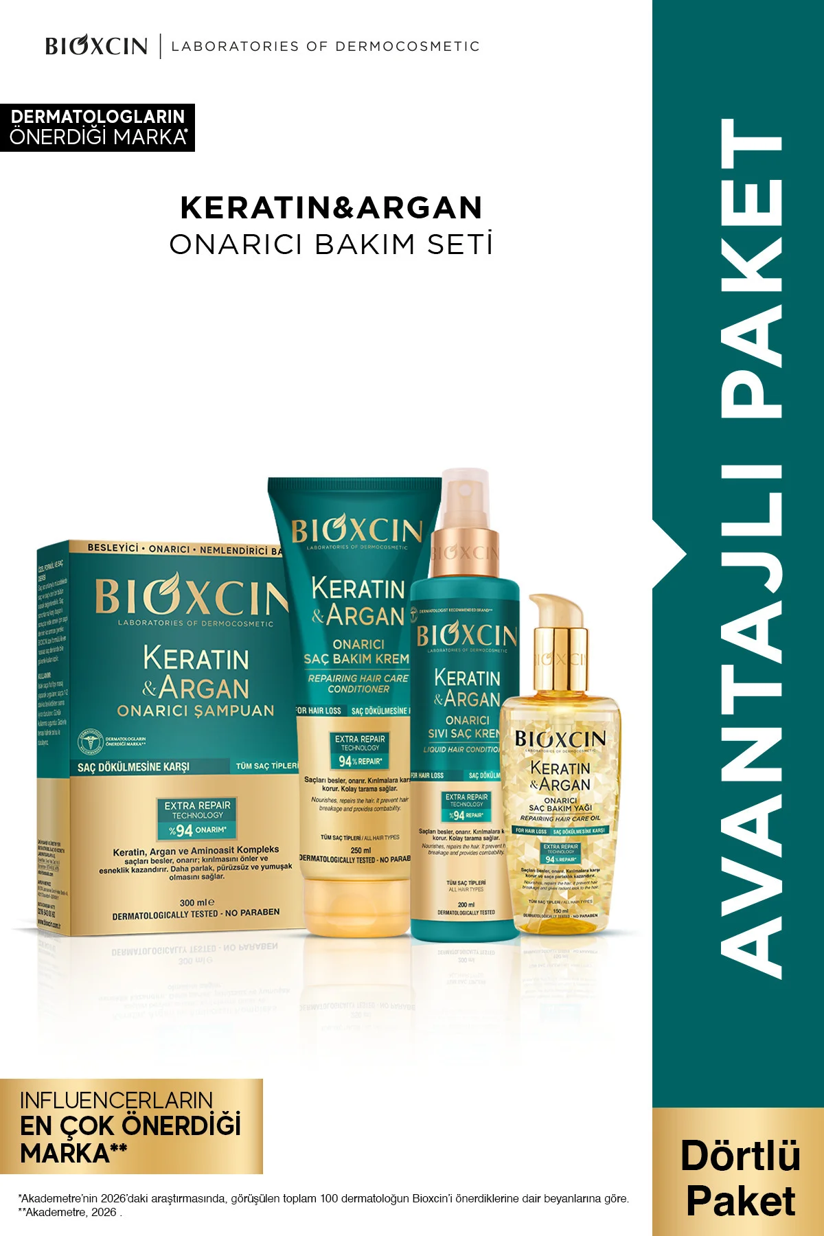Keratin Argan Şampuan + Sıvı Saç Kremi + Saç Bakım Kremi + Saç Bakım Yağı Seti