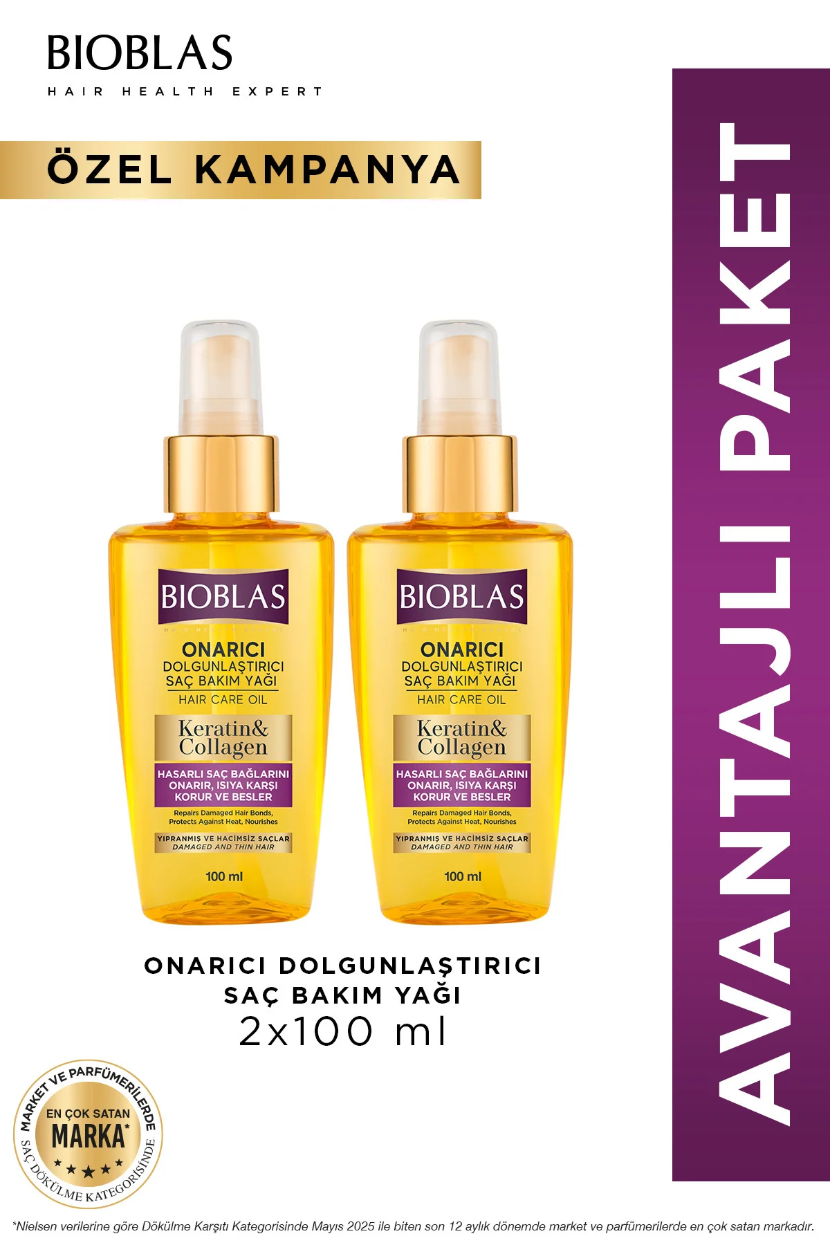 Keratin & Kolajen Onarıcı Dolgunlaştırıcı Saç Bakım Yağı 2 x 100 Ml İnce Yıpranmış Saçlar