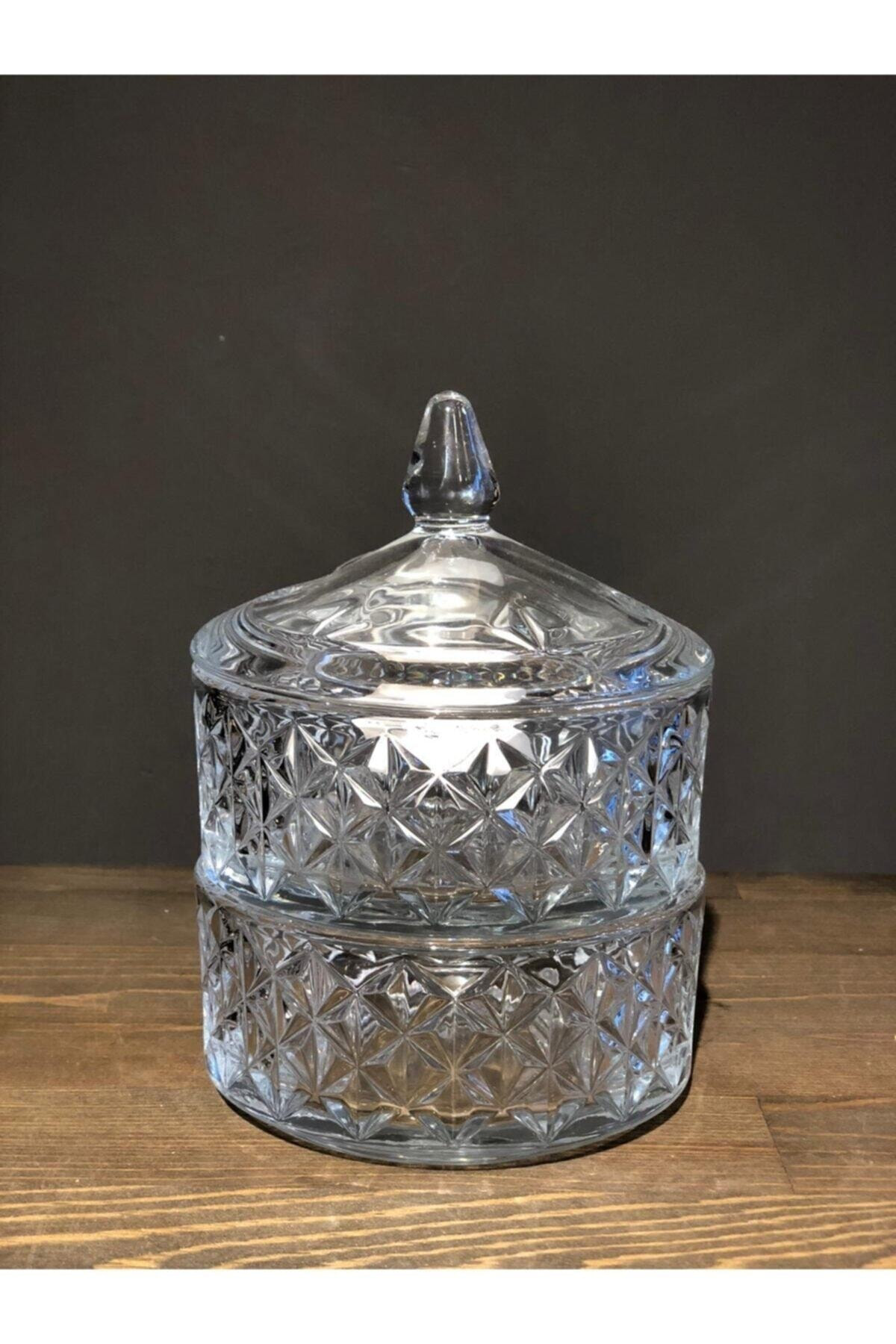 Kesme 2 Katlı Kurabiyelik Cam Lokumluk & Şekerlik