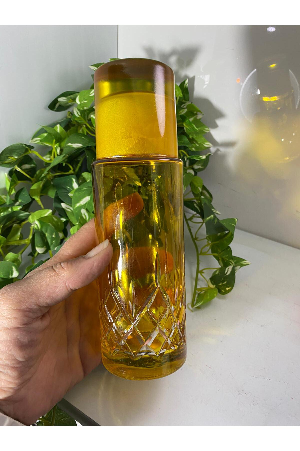 Kesme Cam Kolonya Şişesi Sarı