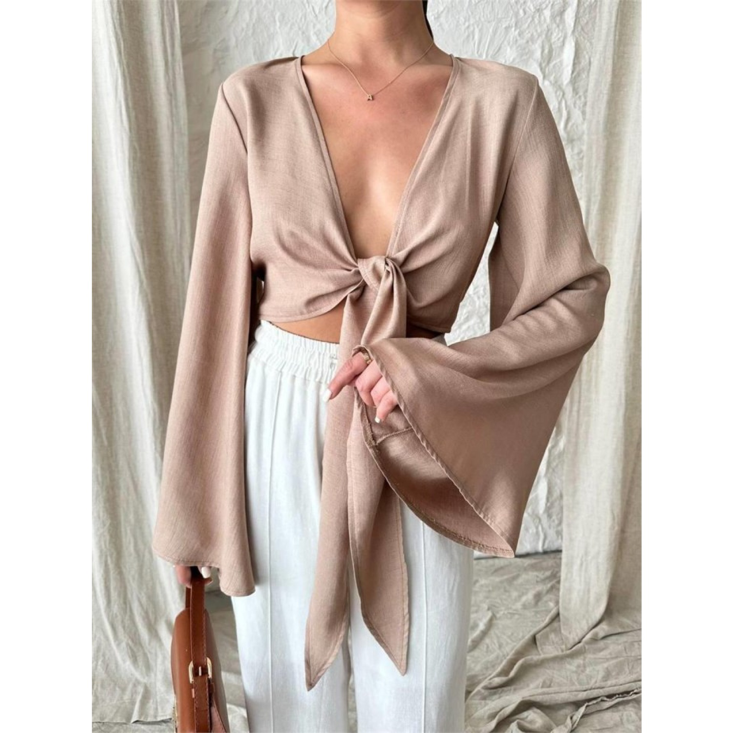 KETEN BAĞLAMA DETAYLI BLUZ İSPANYOL KOL - Kahverengi