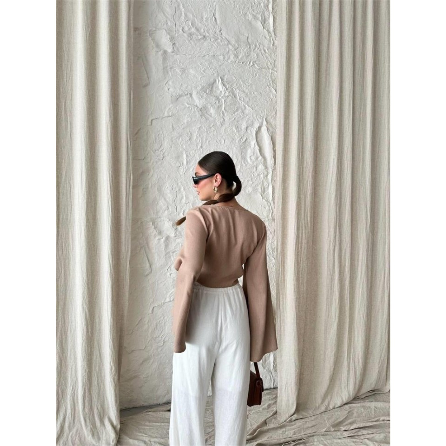 KETEN BAĞLAMA DETAYLI BLUZ İSPANYOL KOL - Kahverengi