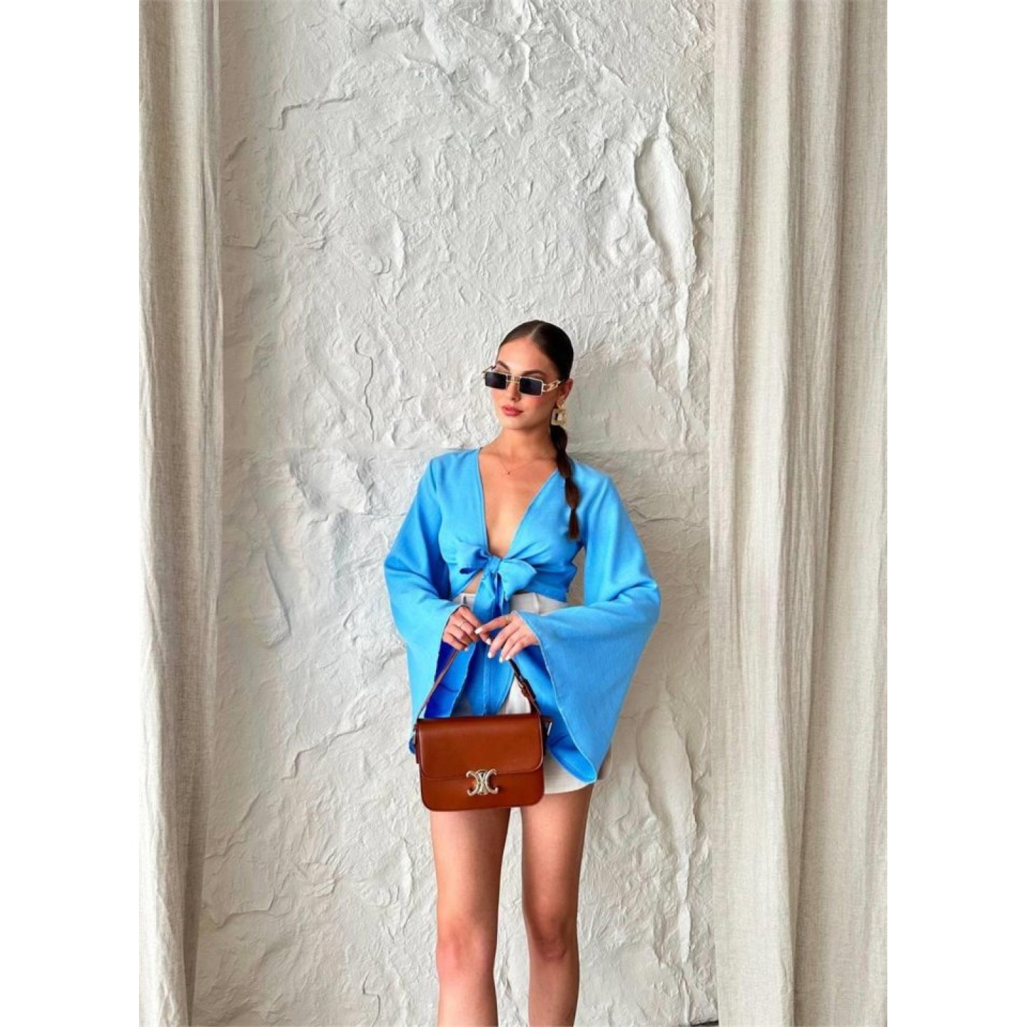 KETEN BAĞLAMA DETAYLI BLUZ İSPANYOL KOL - Mavi