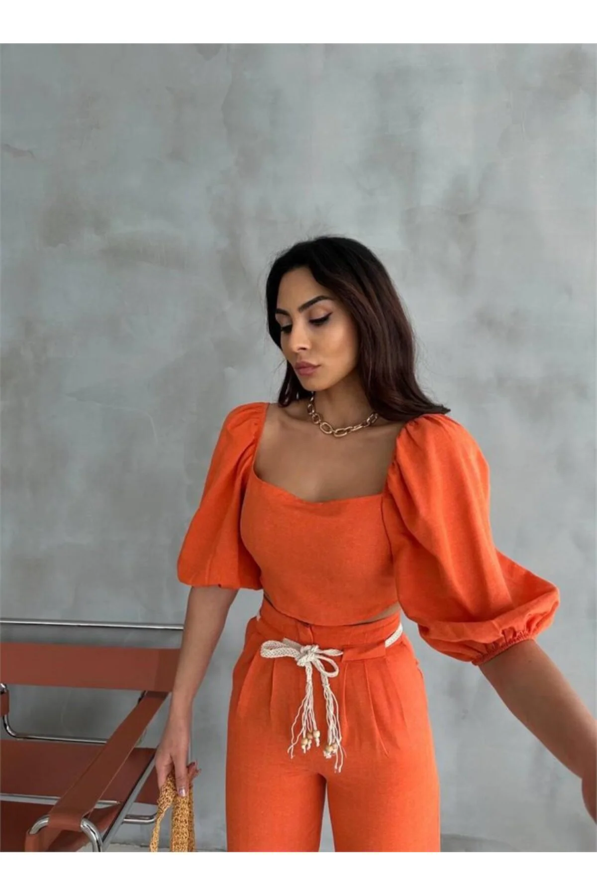 KETEN CROP KARPUZ KOL BLUZ-PANTOLON HASIR KEMERLİ - Orange