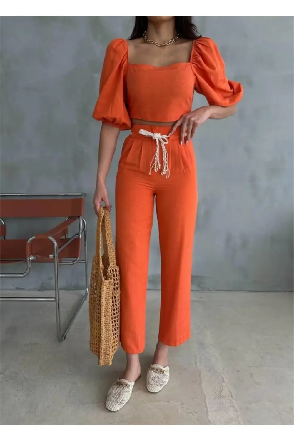 KETEN CROP KARPUZ KOL BLUZ-PANTOLON HASIR KEMERLİ - Orange