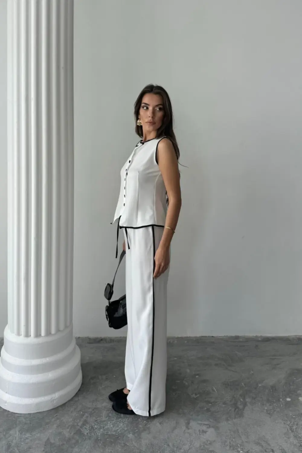 KETEN KENARLARI BİYELİ YELEK - PANTOLON TAKIM - Beyaz