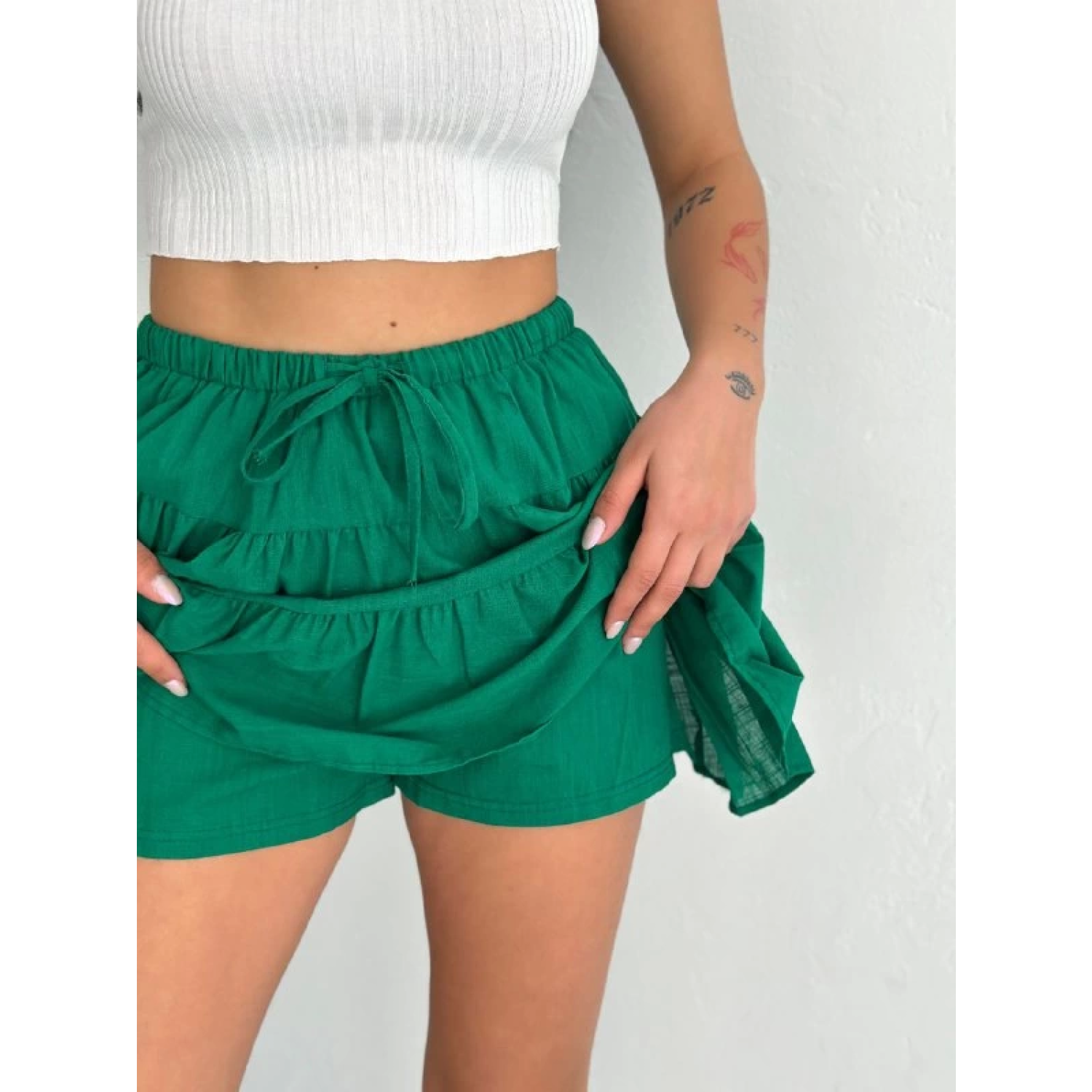 Keten Şortlu Etek - Yeşil