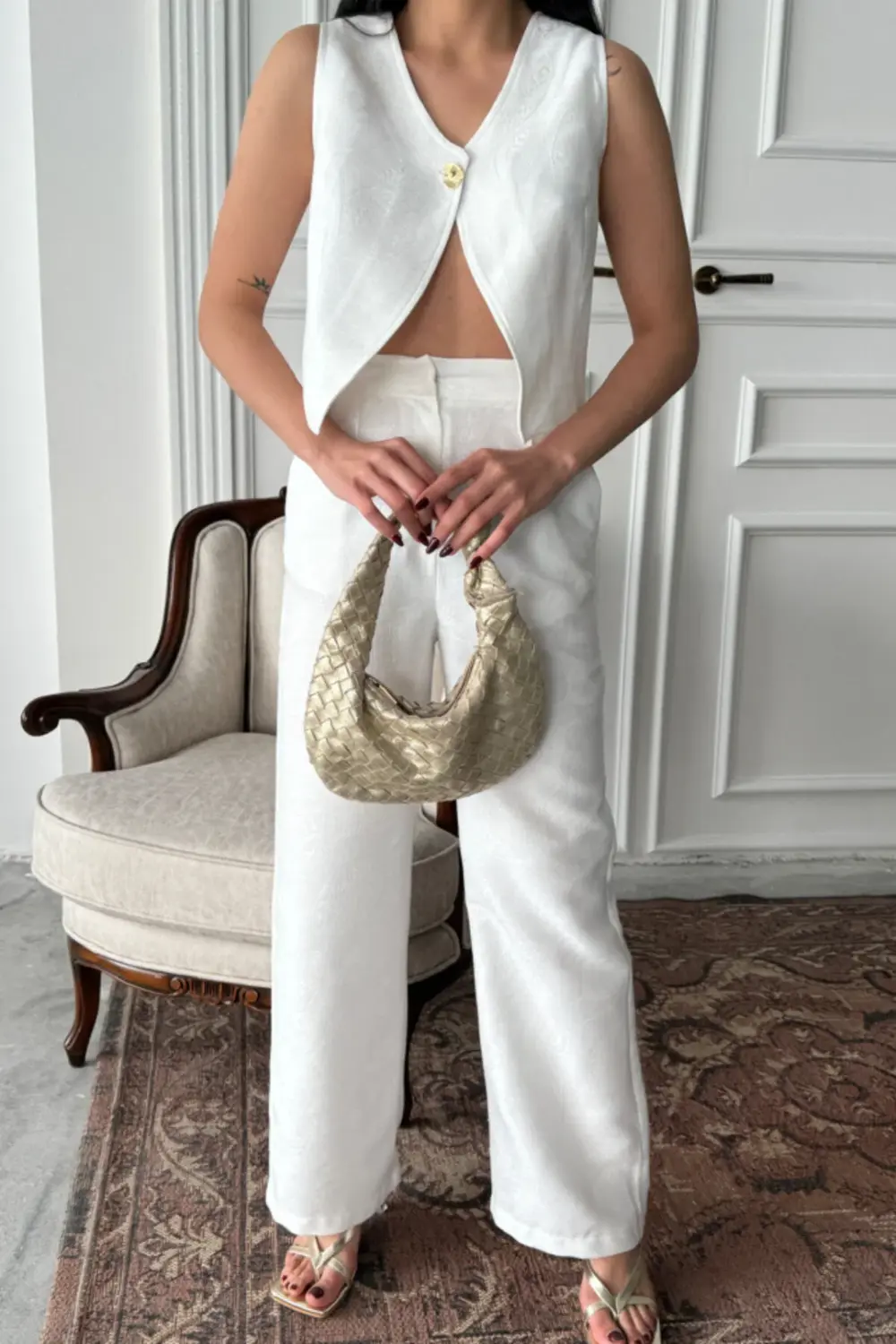 KETEN TEK DÜĞME YELEK-PANTOLON TAKIM - Beyaz