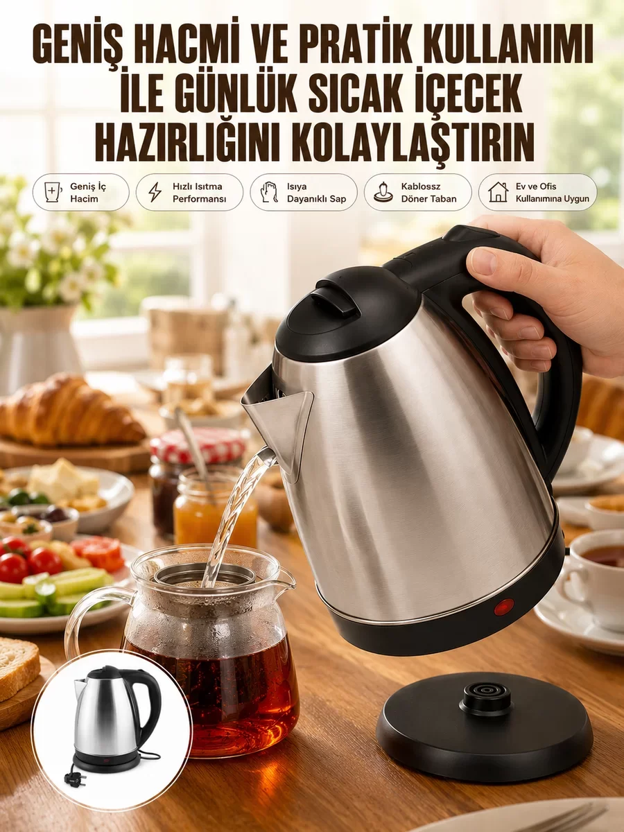Kettle Su Isıtıcı 2000W 1.8L Paslanmaz Çelik C F Priz Uyumlu - 220-240V