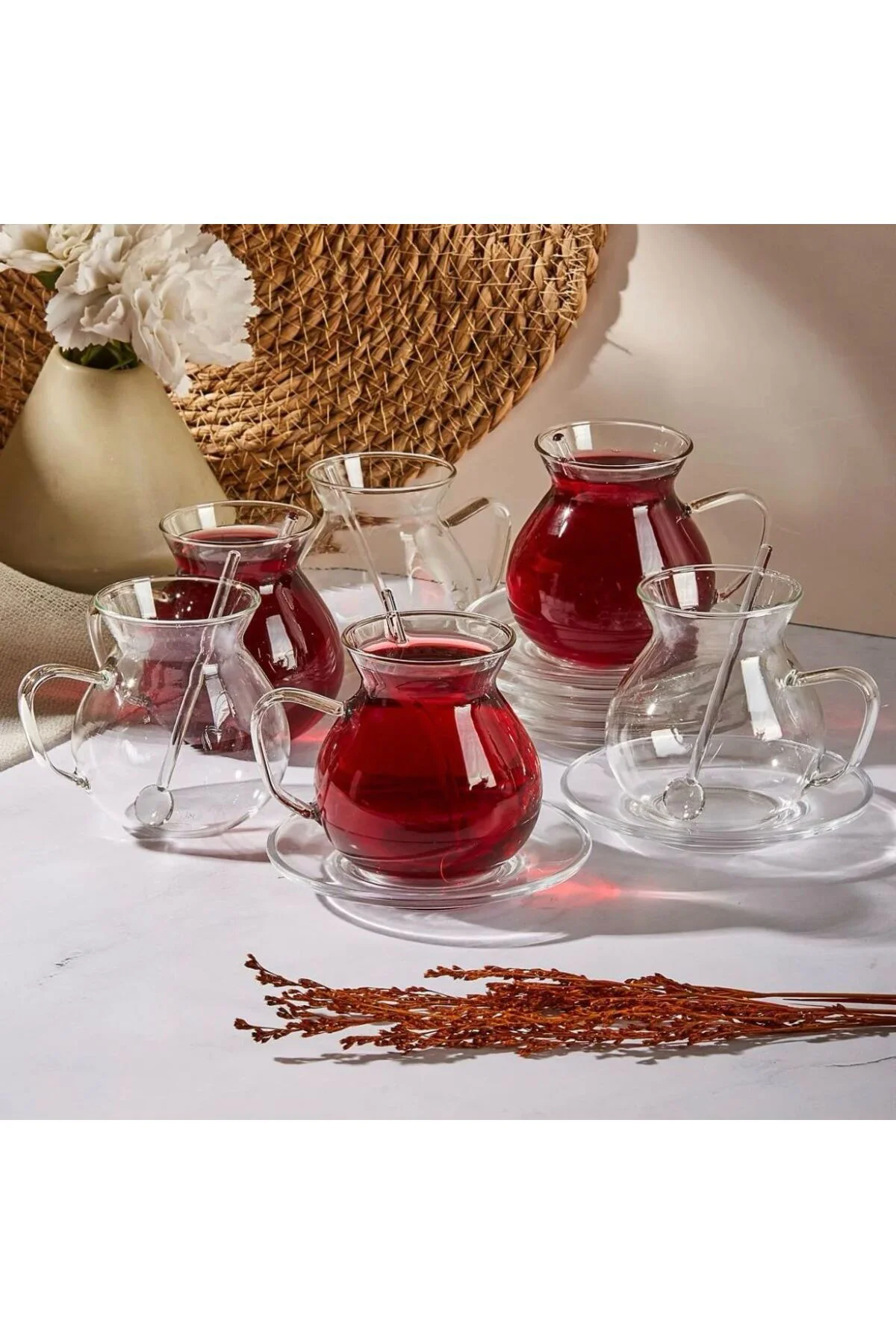 Keyf-i Ala 18 Parça Cam Tabaklı, Kaşıklı 200 ml Borosilikat Çay Seti
