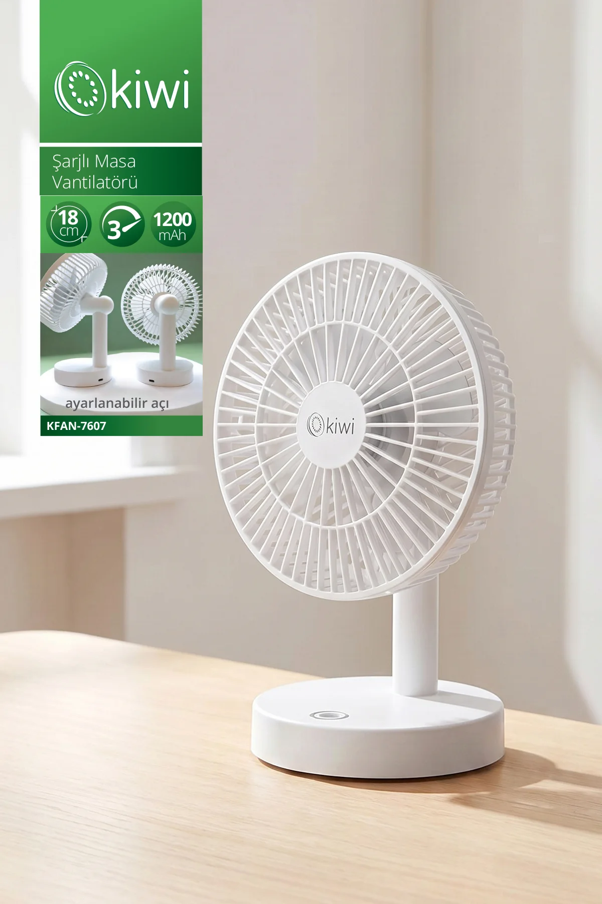 Kfan-7607 Şarjlı Beyaz Ayarlanılabilir Mini Fan Masa Üstü Vantilatörü Usb Soğutucu Sessiz Fan