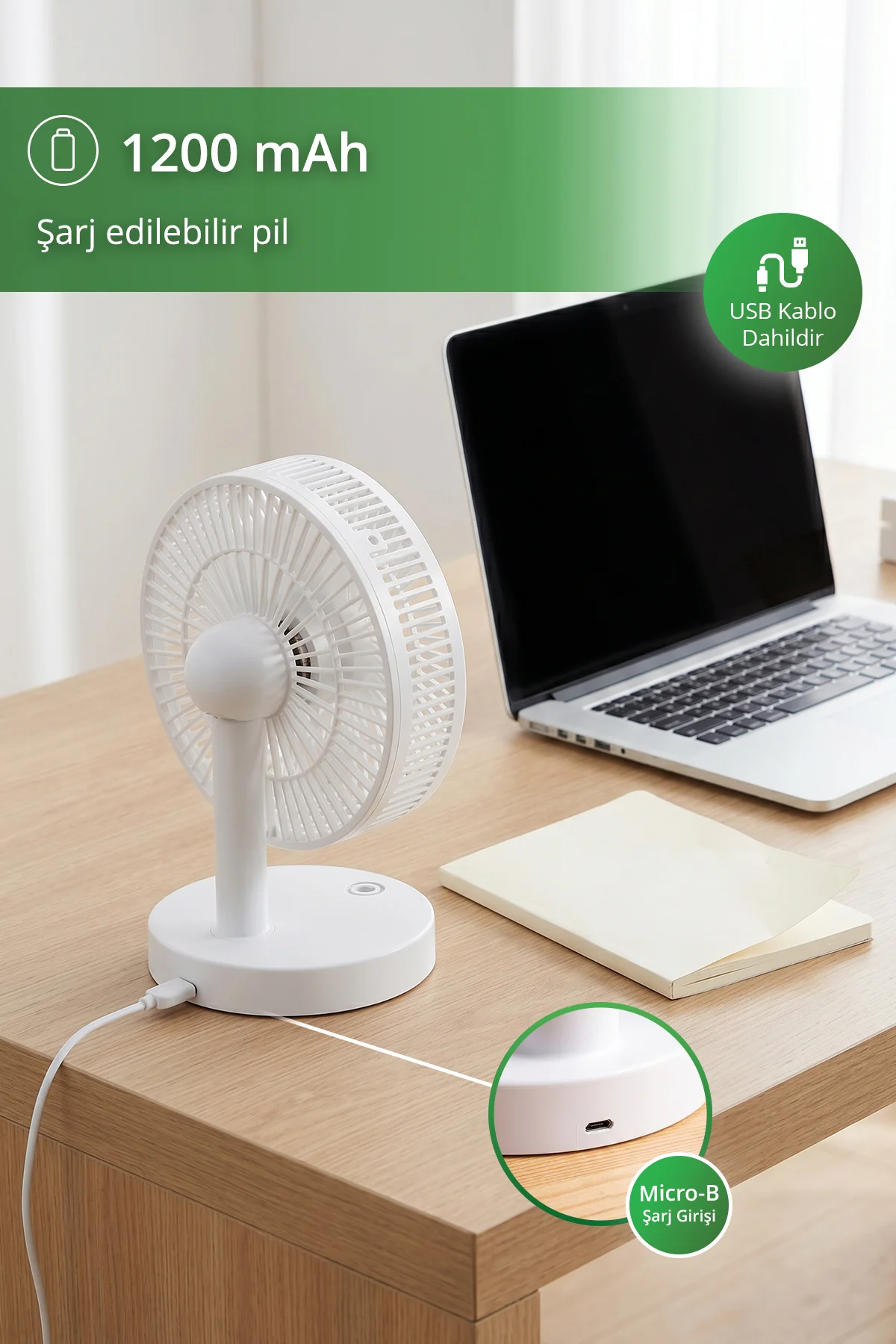 Kfan-7607 Şarjlı Beyaz Ayarlanılabilir Mini Fan Masa Üstü Vantilatörü Usb Soğutucu Sessiz Fan