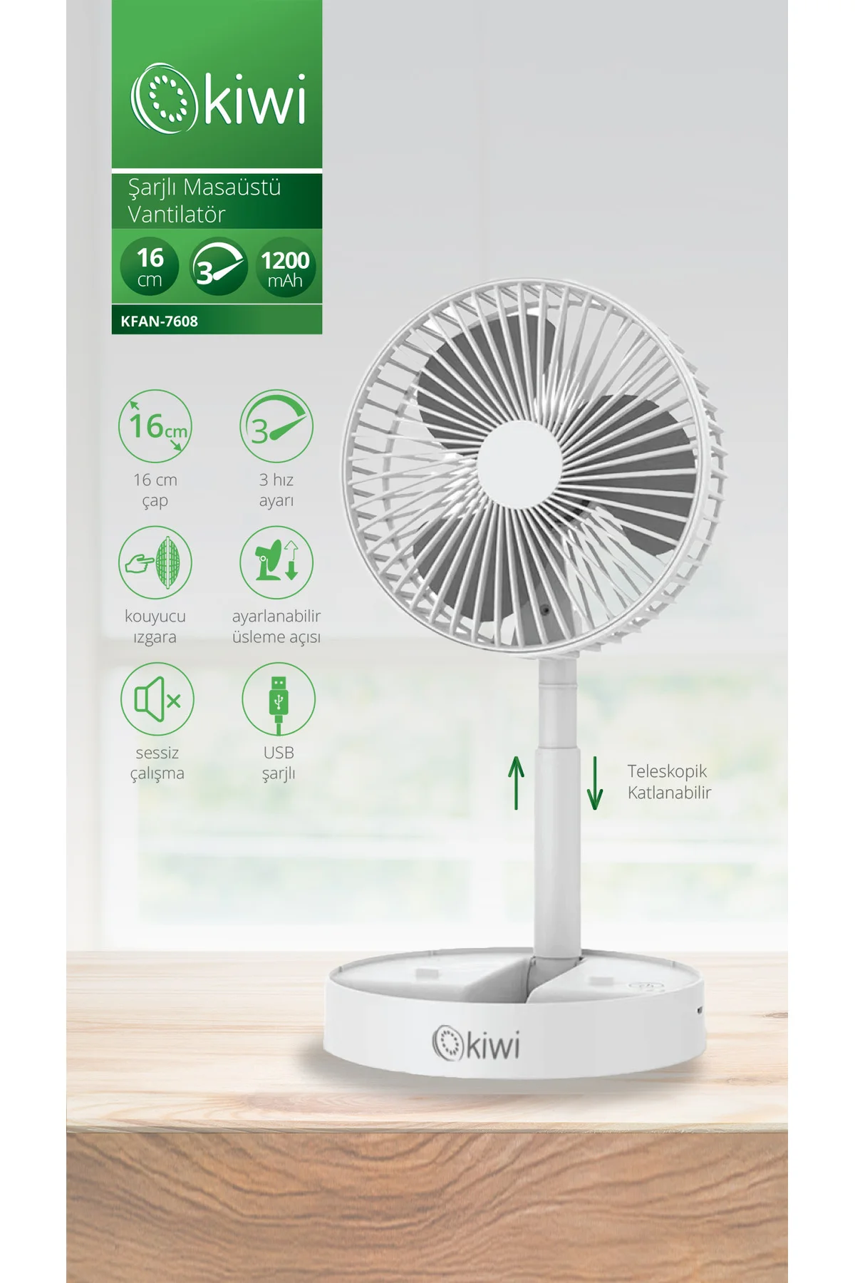 Kfan-7608 Şarjlı Beyaz Katlanılabilir Mini Fan Masa Üstü Vantilat