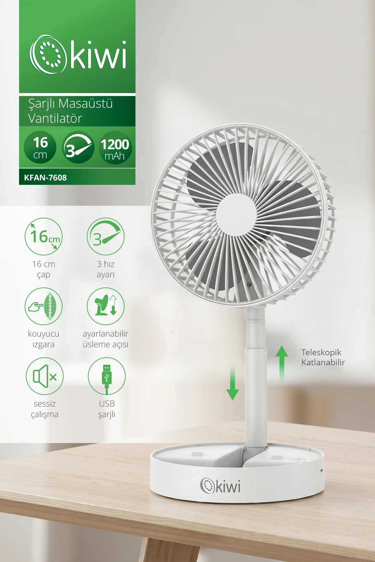 Kfan-7608 Şarjlı Beyaz Katlanılabilir Mini Fan Masa Üstü Vantilatörü Usb Soğutucu Sessiz El Fanı Fiyatı, Yorumları ve Özellikleri